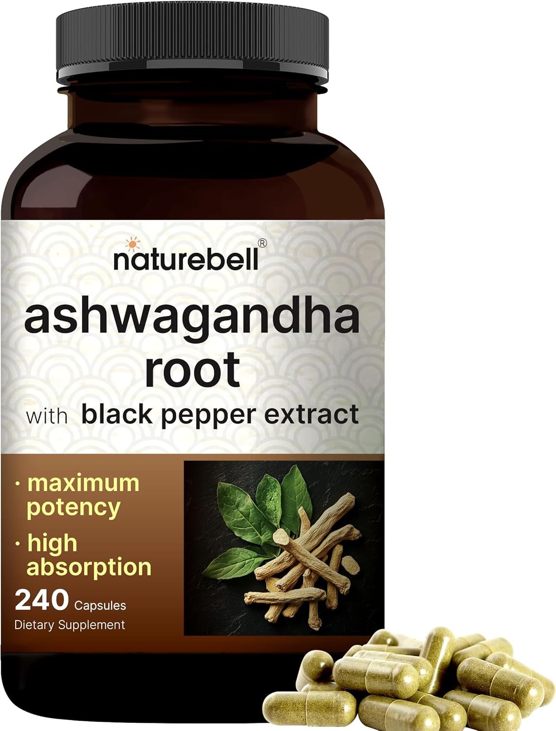 NatureBell Ashwagandha Root with Black Pepper Extract – 240 Capsules – High Strength Adaptogen for Calmness, Relaxation & Immune Support