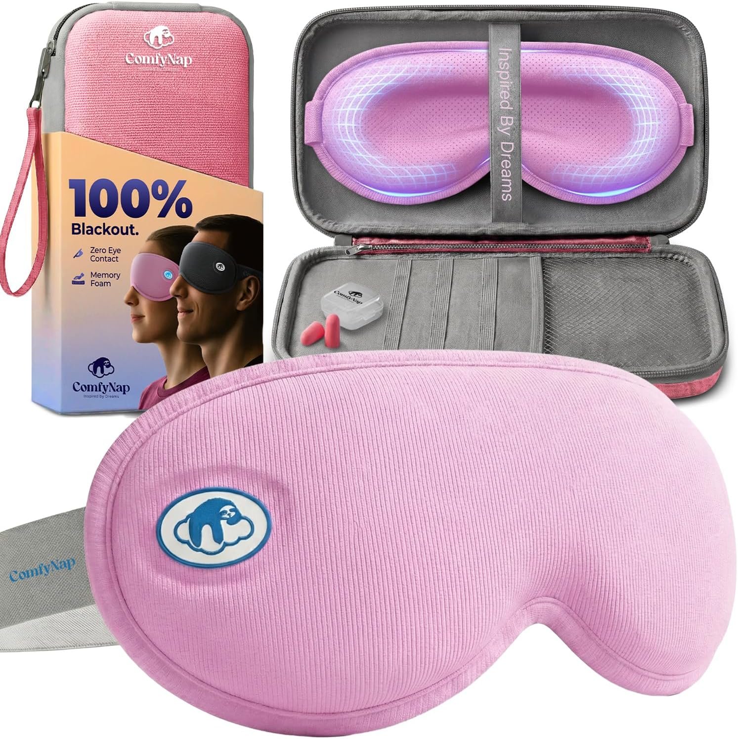 Eye Mask for Sleep with Ultimate Travel Case & Ear Plugs – DeepSpace™ Blackout Sleep Mask for Women Men, Side Sleeper Adjustable Eye Cover, Zero Eye Pressure, Memory Foam Eye Mask for Travel