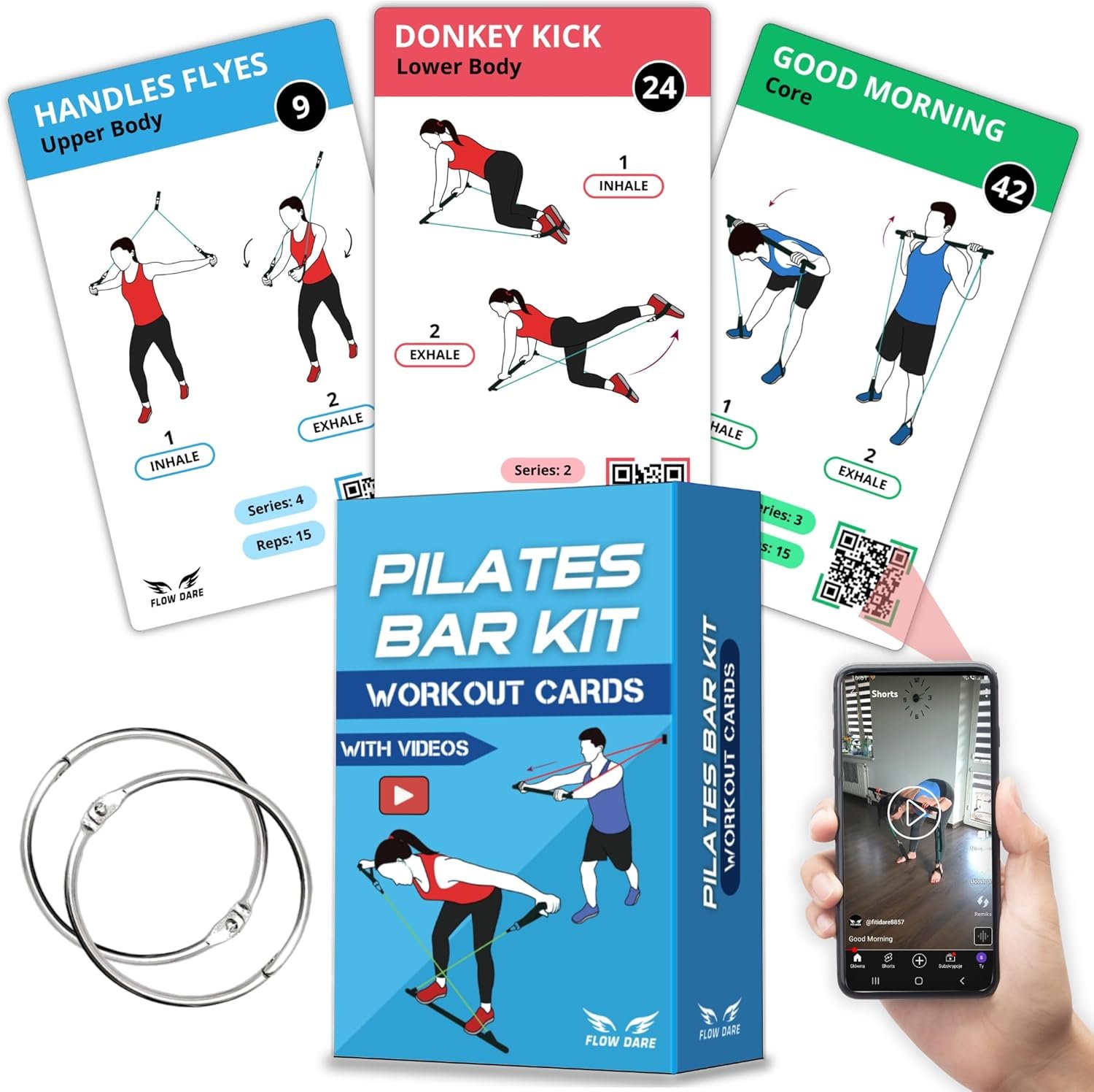 Pilates Bar Kit Workout Cards – 62 Exercise Cards Deck with Videos & Workout Plan – Includes 8-Week Challenge, Chart & 2 Rings for Easy Organization – Home Exercise Bar Guide for Women & Men