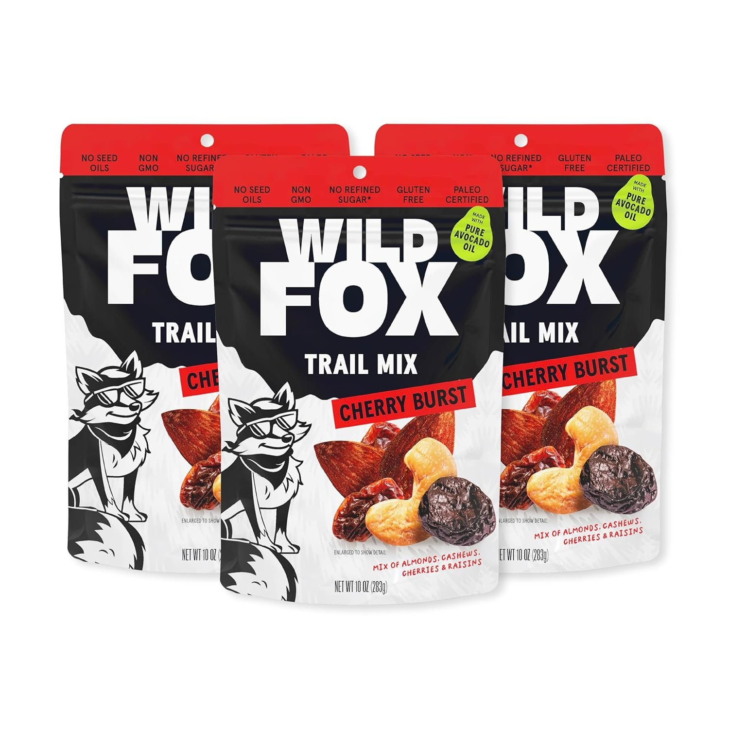 Wild Fox Trail Mix – Healthy Plant-Based Snack Made With Pure Avocado Oil And No Refined Sugar Or Seed Oils Ideal For Vegan Gluten-Free And Paleo Diets, Cherry Burst, 10 Ounce (Pack of 3)