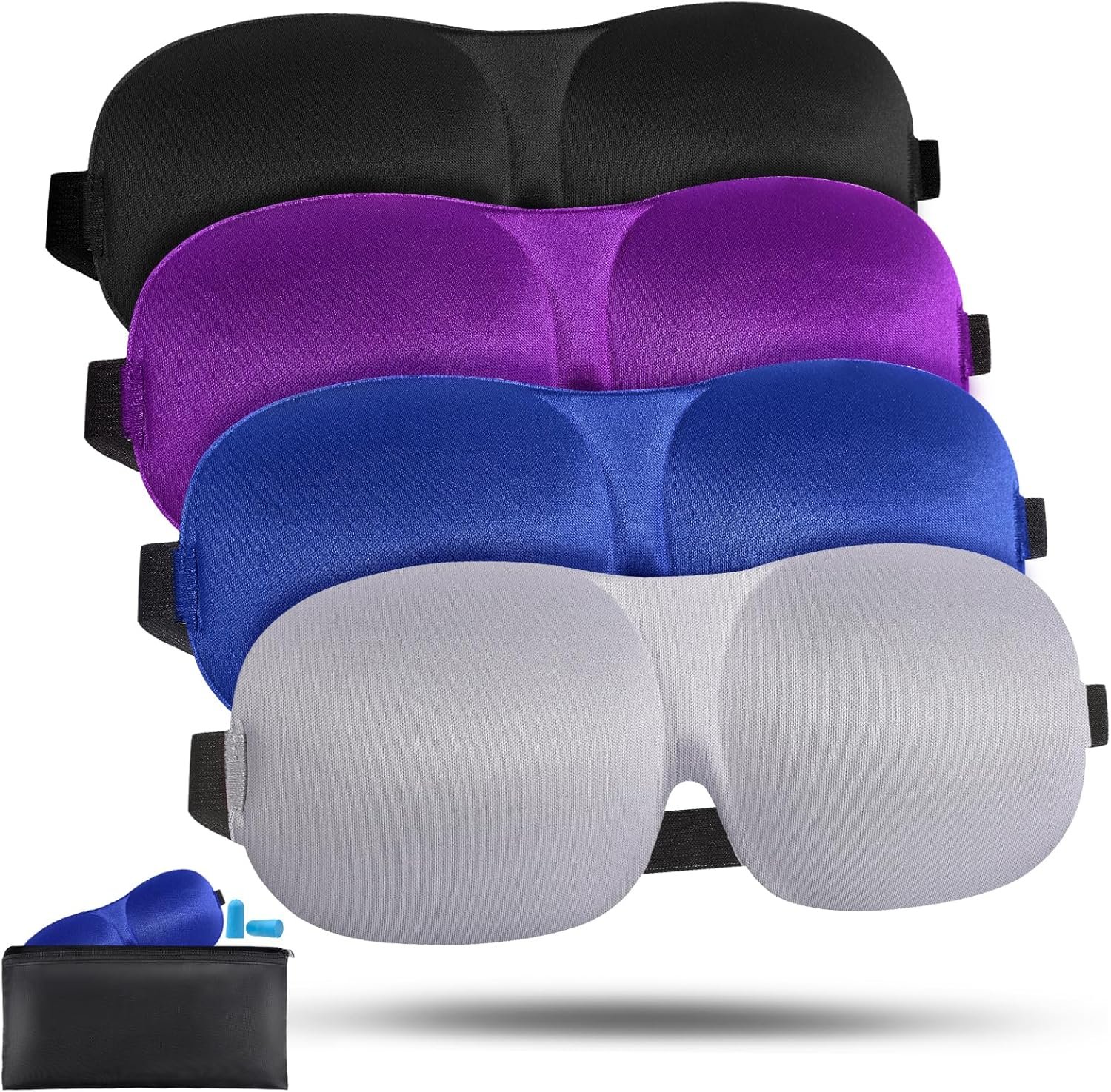 4 Pack Sleep Mask for Women and Men Adjustable Blackout 3D Eye Masks for Sleep, Blindfold with Storage Bag and Earplug for Travel Nap and Night (Black, Purple, Blue, Gray)
