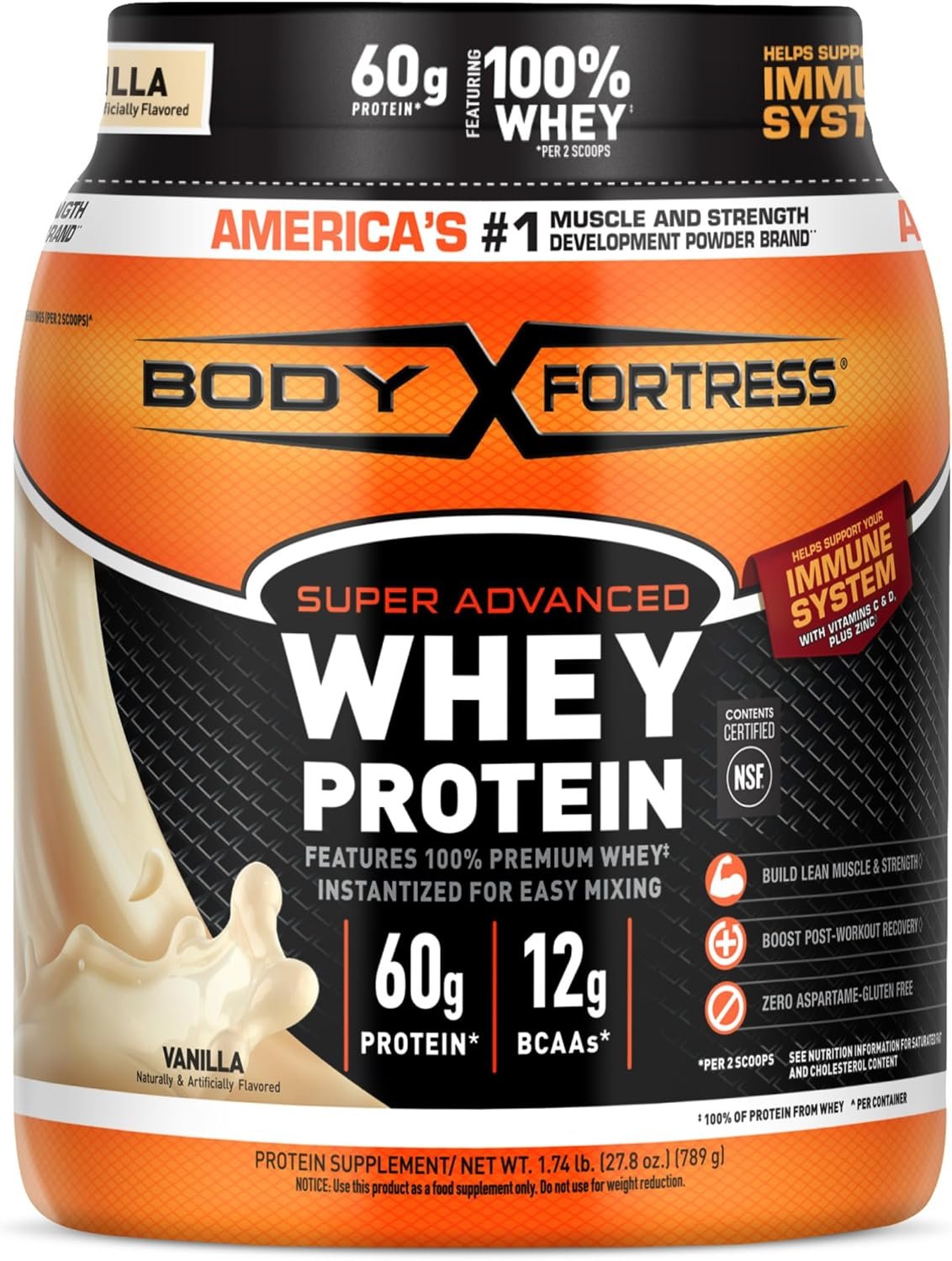 Body Fortress Super Advanced Whey Protein Powder, Gluten Free, Vanilla, Immune Support (1), Vitamins C & D Plus Zinc, 1.74 lbs