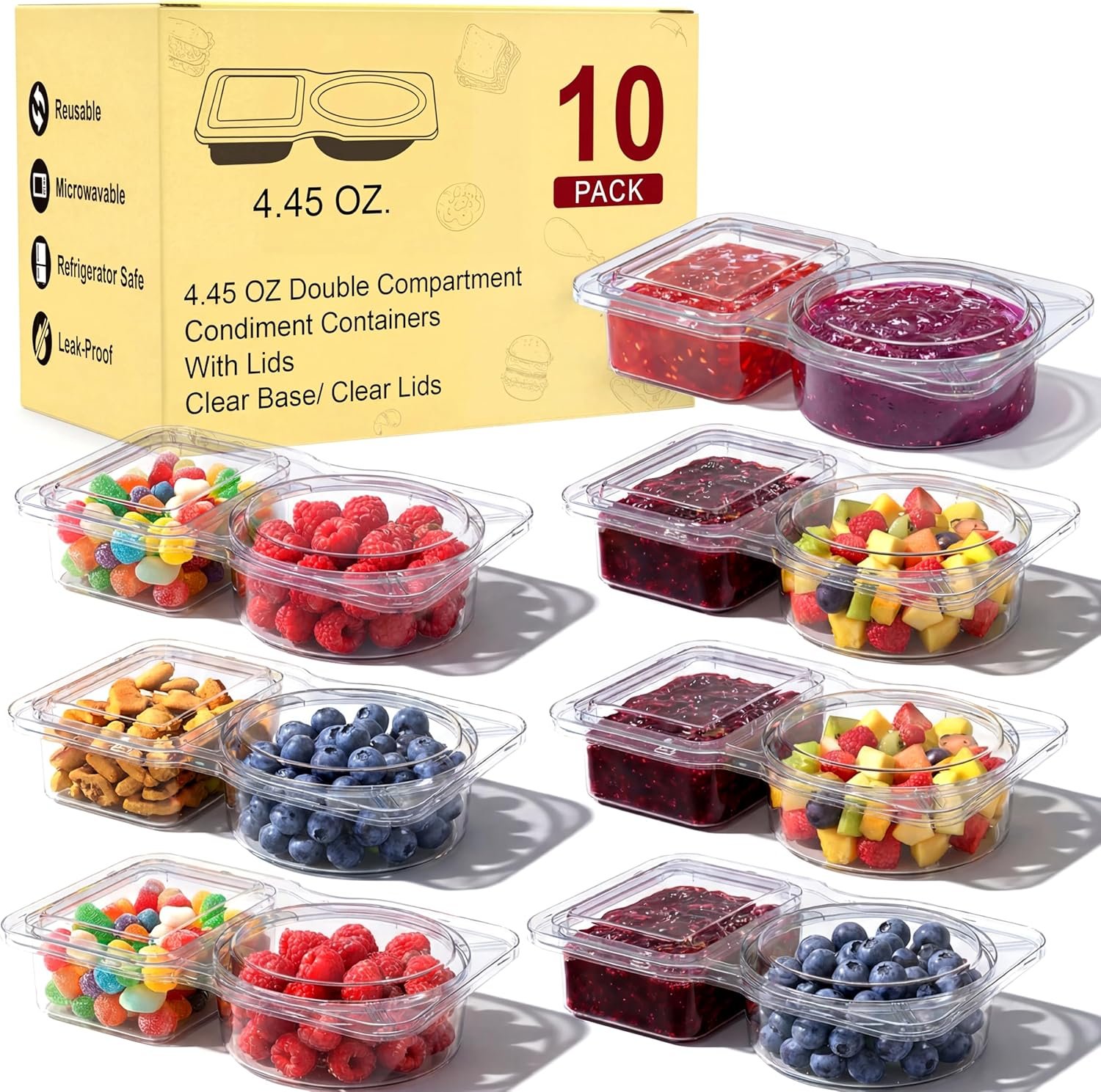 Reusable Snack Containers & Snack Pack Containers – 2 Compartment Meal Prep Containers with Lids, Double Condiment Containers, Portable Snackle Box (10 Set)