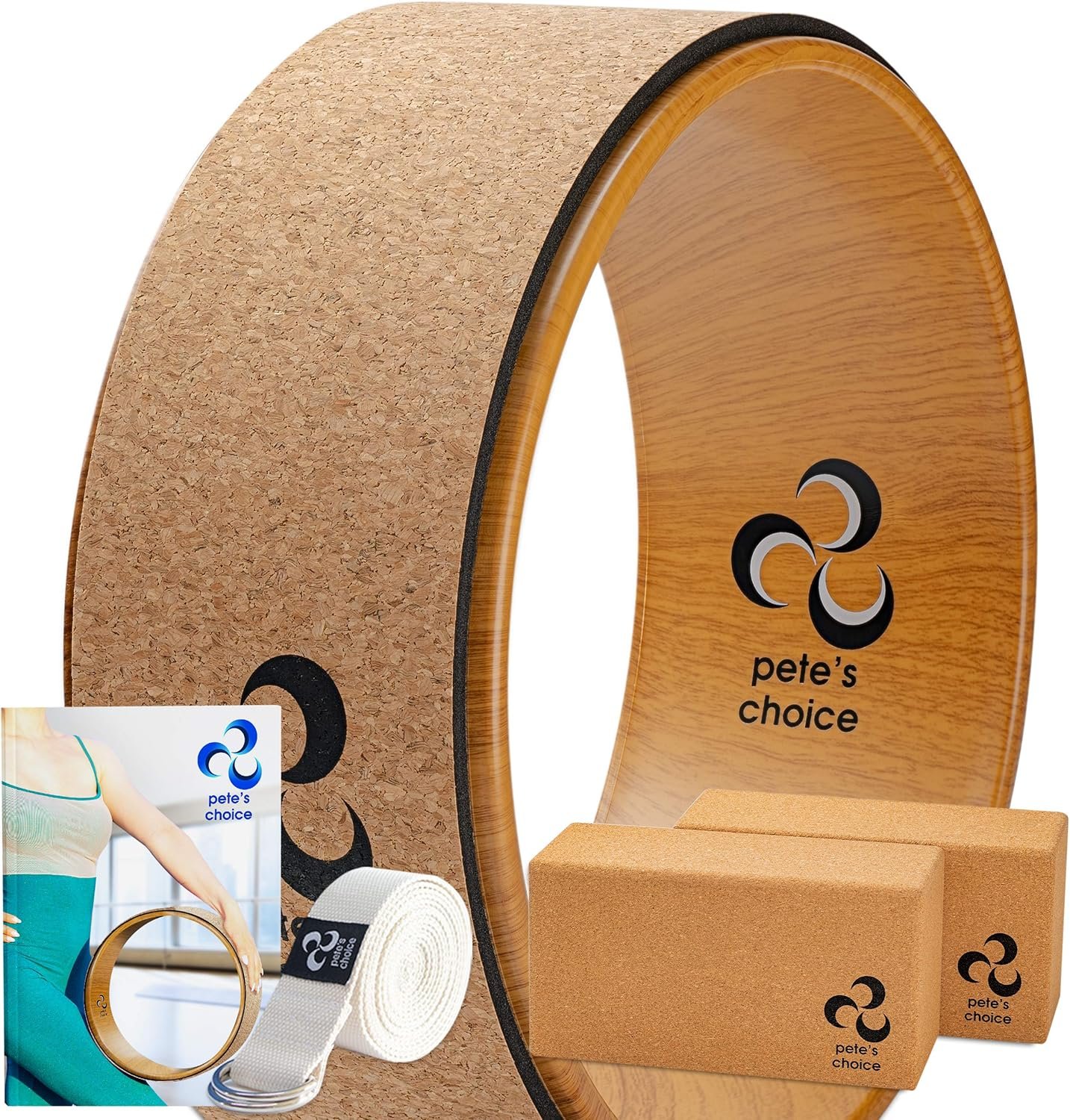 Deluxe Cork Yoga Wheel Set – Cork Wheel + 2 Blocks + Strap + Exercise Guide. Extra Firm Bricks. Better Support, Natural and Eco-Friendly. Home Exercise Kit. Ideal for Women Yogis.