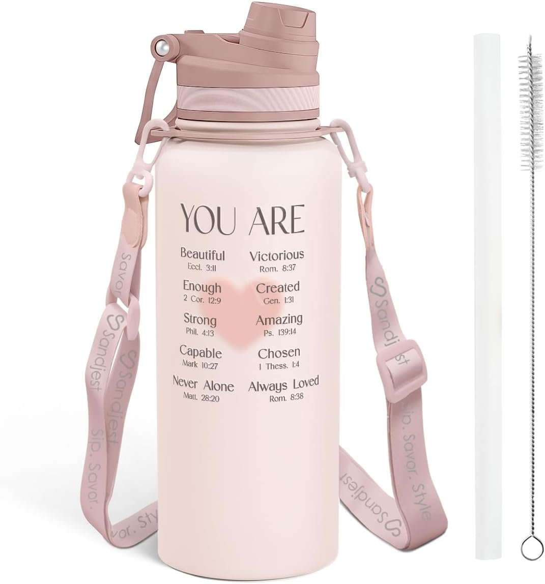 Christian Stainless Steel Water Bottle with Strap 32oz, Insulated Bottles with Straw and Spout Lid for Gym Sports Travel Outdoor, Gifts for Women Girls Birthday Christmas