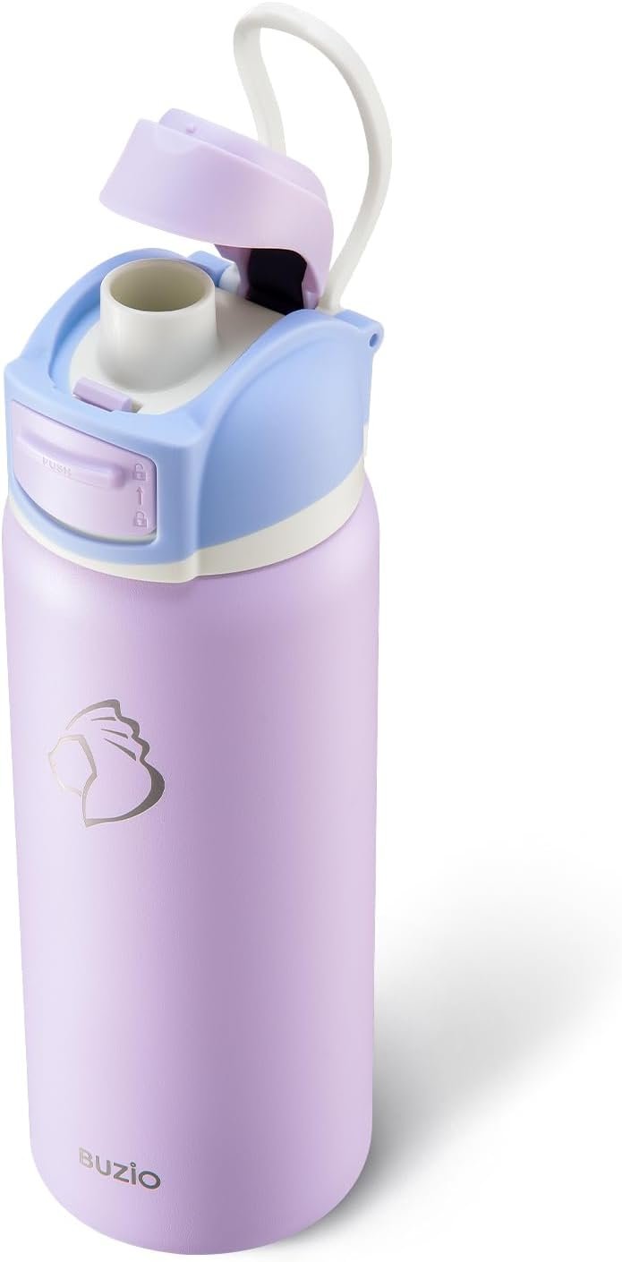 BUZIO 32 oz Insulated Water Bottle – Stainless Steel with Chug Cap, Leakproof Locking Lid, Carry Loop, Wide Mouth, Dishwasher Safe, Gym Sports Travel Work Outdoors, Gifts for Women & Men, Light Purple