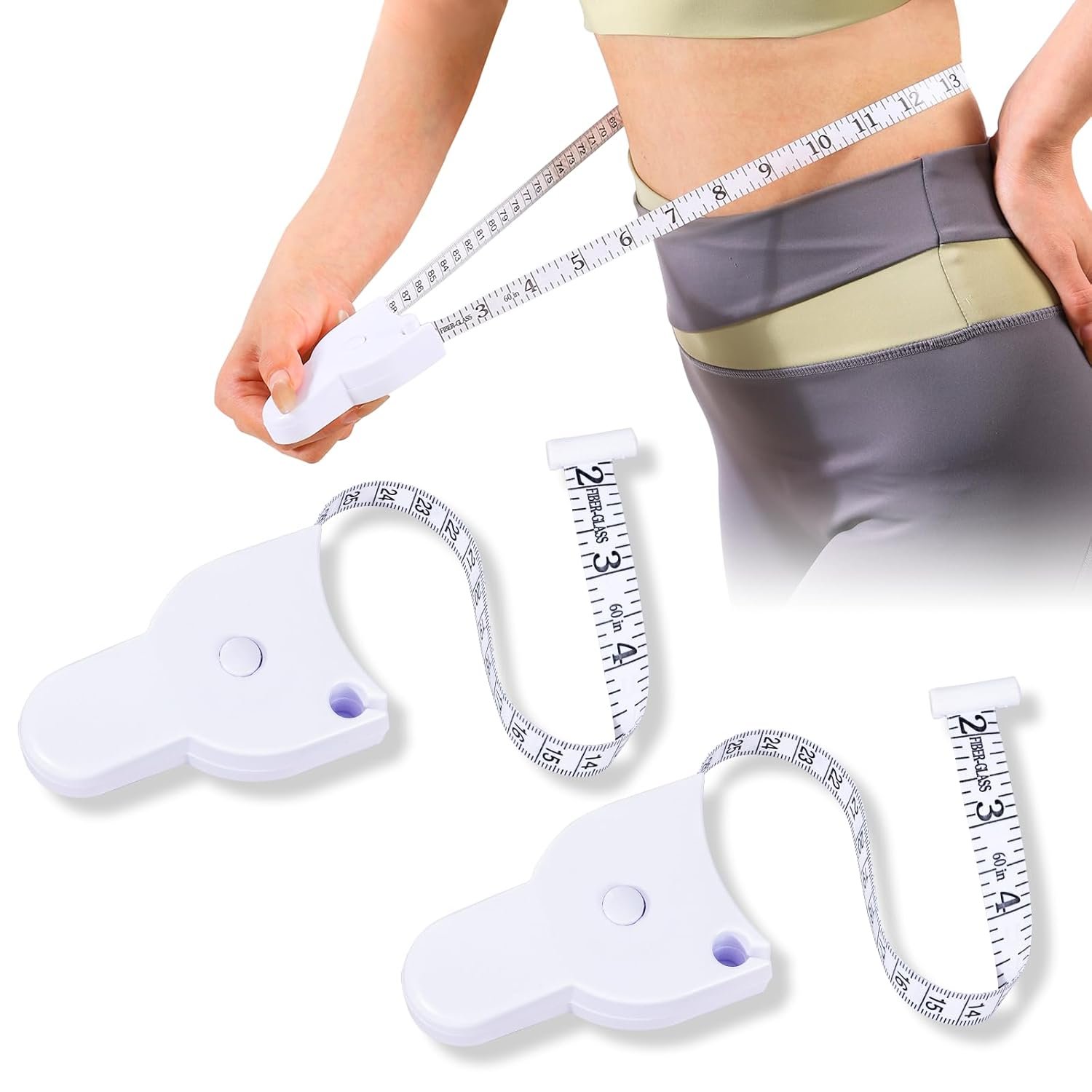 SheerDelight Body Measuring Tape, 2 Pack Retractable Measuring Tape for Body Measurements with Locking Mechanism and Push Button, Automatic Body Tape Measure for Fitness & Tailoring – White