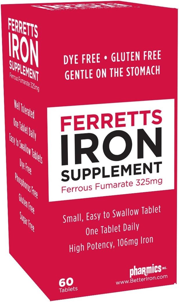 Iron Tablets 106mg (325mg Ferrous Fumarate) – 60 Day Supply of High Potency Iron Supplements for Women & Men, Easy on The Stomach Iron Supplements for Anemia, 60 Iron Pills Per Bottle