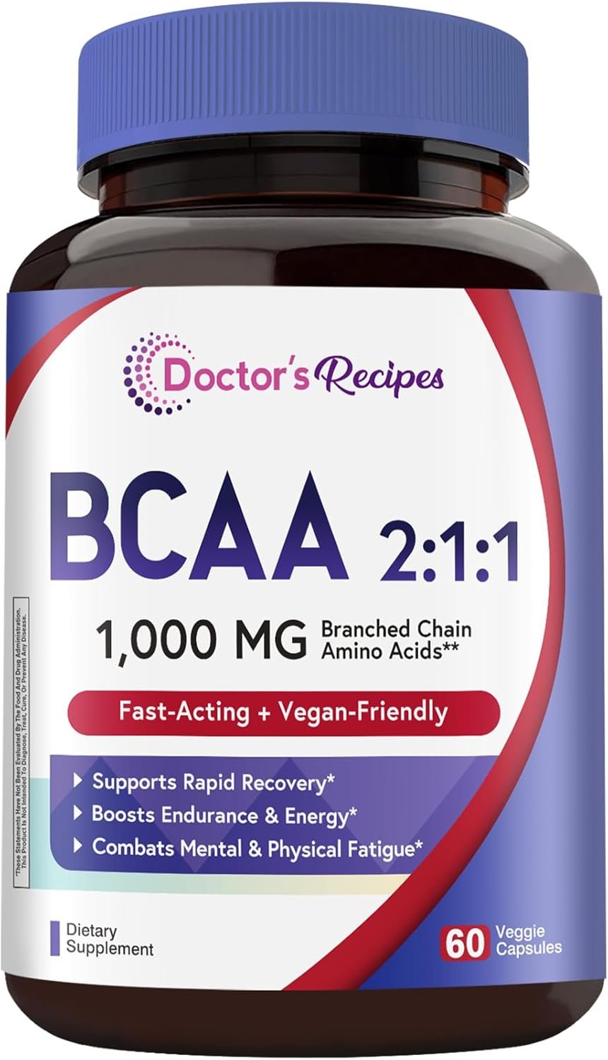 Doctor’s Recipes BCAA 1000 mg, 2:1:1 Ratio, L-Leucine, L-lsoleucine, L-Valine, Branched Chain Amino Acids, Fast Recovery, Endurance, Energy, Vegan, 60 Capsules