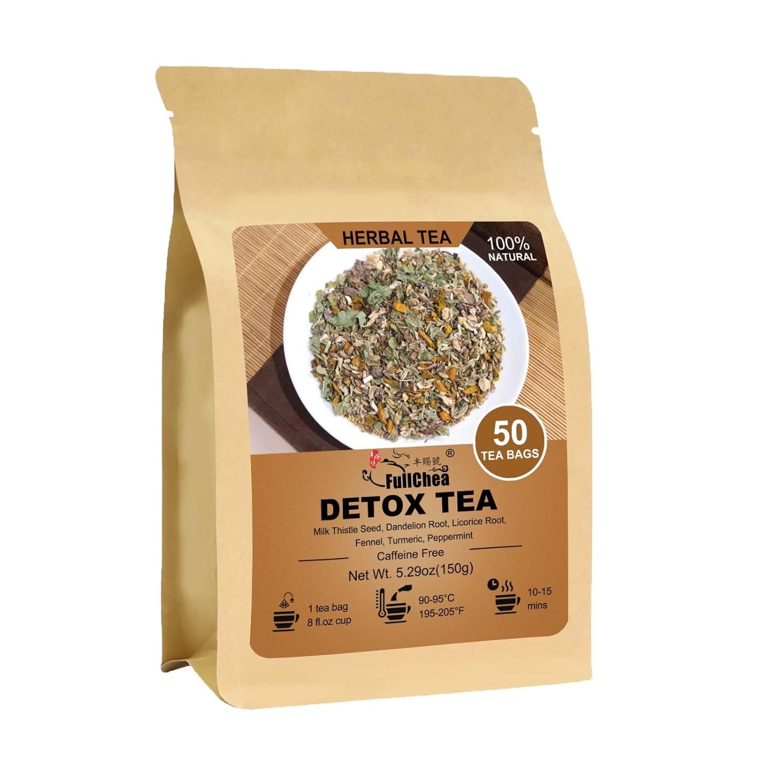 FullChea – Detox Tea Bags, 50 Teabags Liver Detox Tea, With Milk Thistle Seed, Dandelion Root, Licorice Root, Fennel, Turmeric, Peppermint – Liver Cleansing and Support