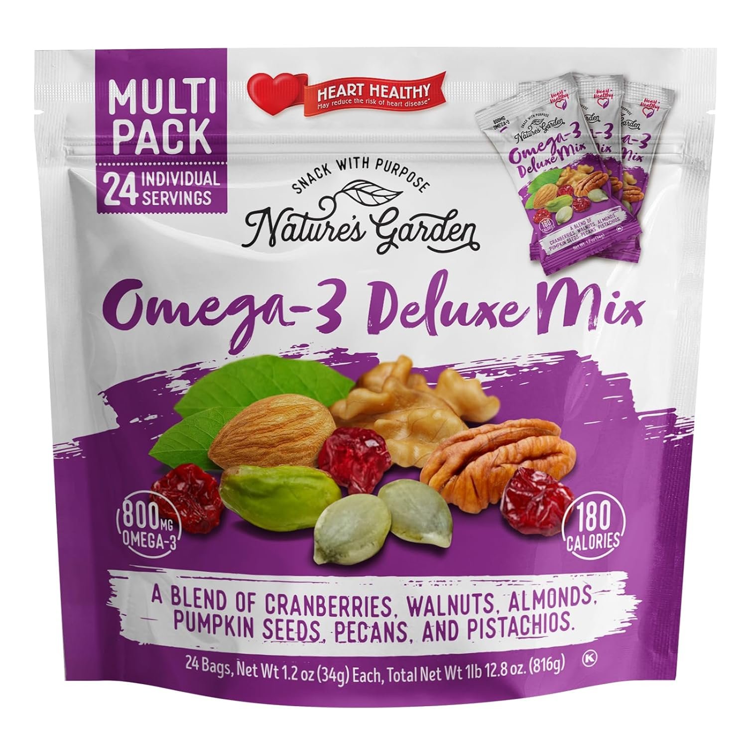 Nature’s Garden Omega 3 Deluxe Mix – Trail Mix Nuts, Heart Healthy, Gluten Free, Cholesterol Free, Sodium Free, No Artificial Ingredients – 1.2 oz Bags (24 Individual Servings)