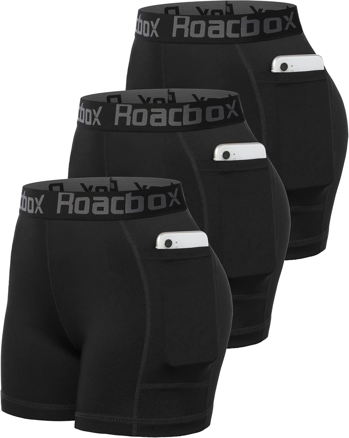 Roadbox Women’s Volleyball Compression Shorts with Pockets, 3 Pack Spandex Workout Athletic Shorts for Running Gym Yoga