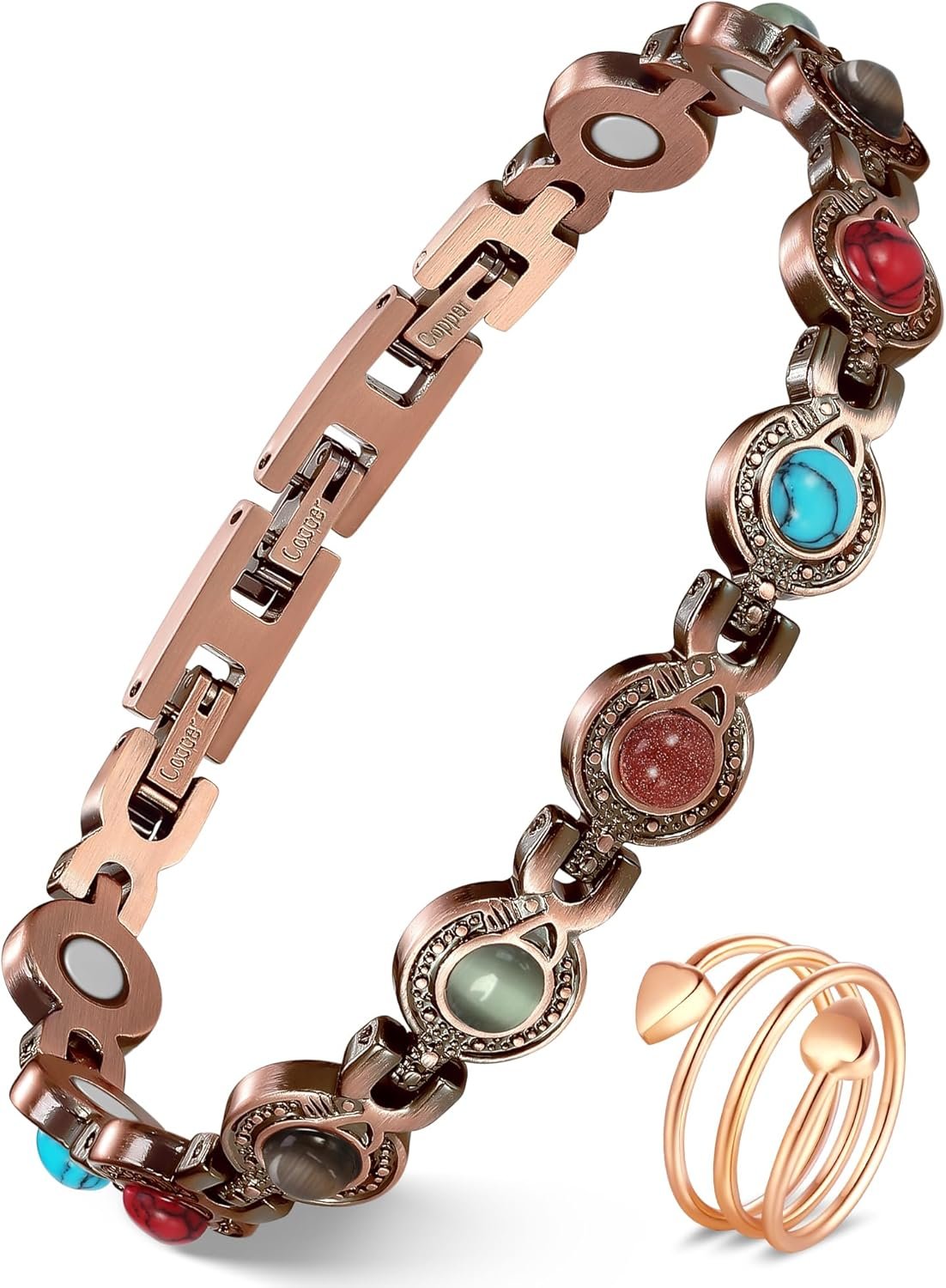 Feraco Pure Copper Bracelets & Rings for Women, Ultra Strength Magnetic Bracelet with 3800 Gauss Magnets & Natural Turquoise & Stones, Adjustable, Jewelry Gift