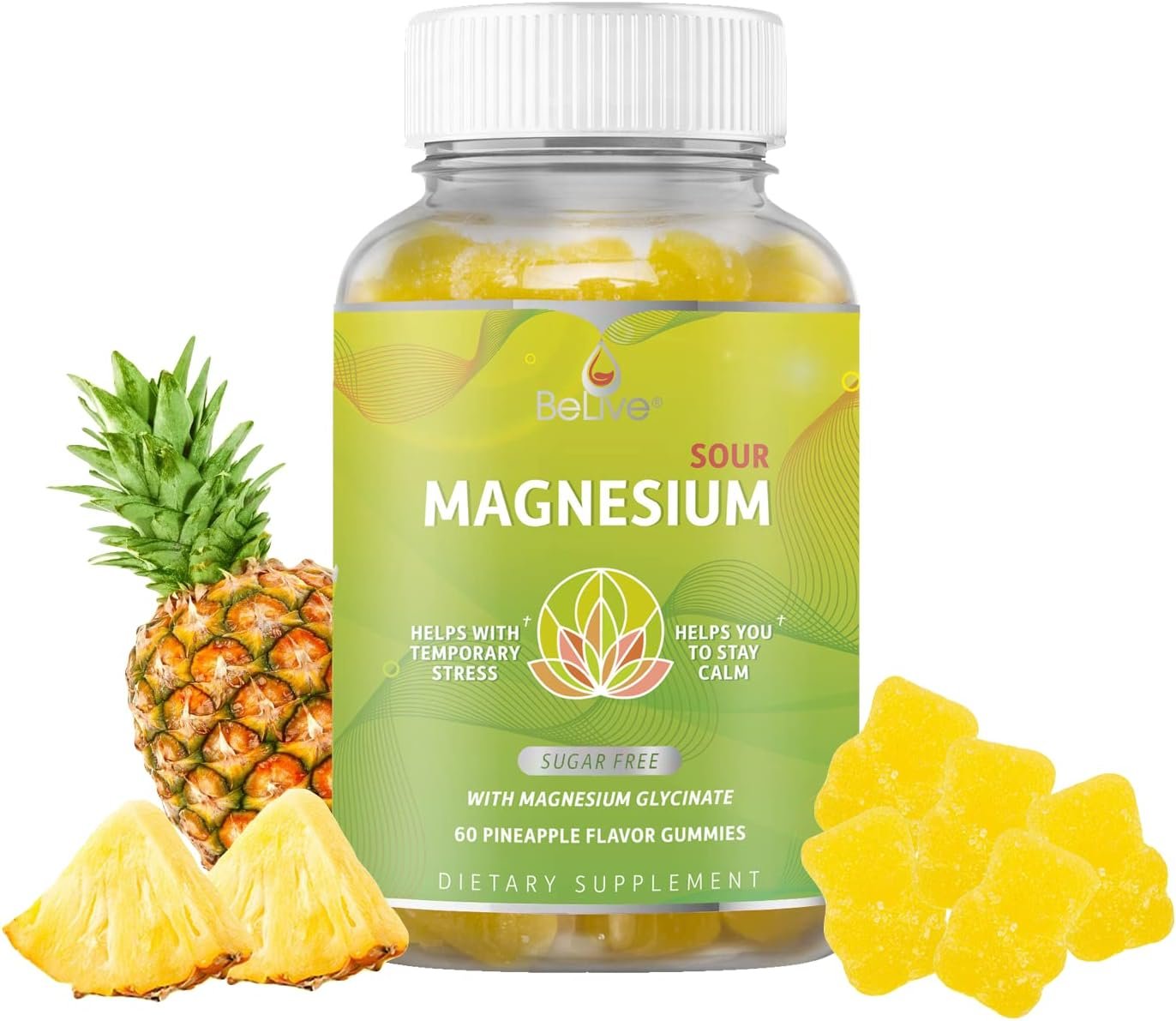 BeLive Magnesium Gummies 200mg – 60 Ct | Magnesium Glycinate Supplements for Relaxation, Stress Relief, and Sleep for Adults & Kids – Tasty and Tangy Pineapple Flavor