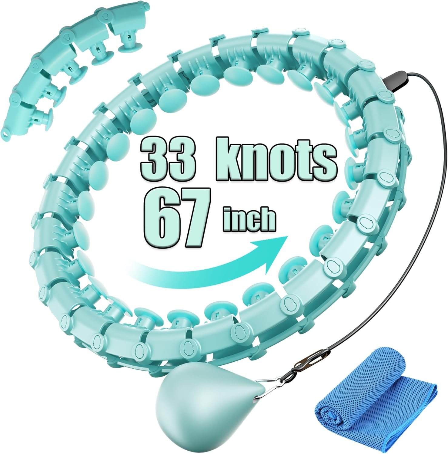 Coolboss Weighted Workout Hula Circle 33 Knots Infinity Hoola Fit Hoop Plus Size for Adult Weight Loss – Smart Exercise Waist Ring, Detachable & Adjustment Silent Fitted Equipment Cyan