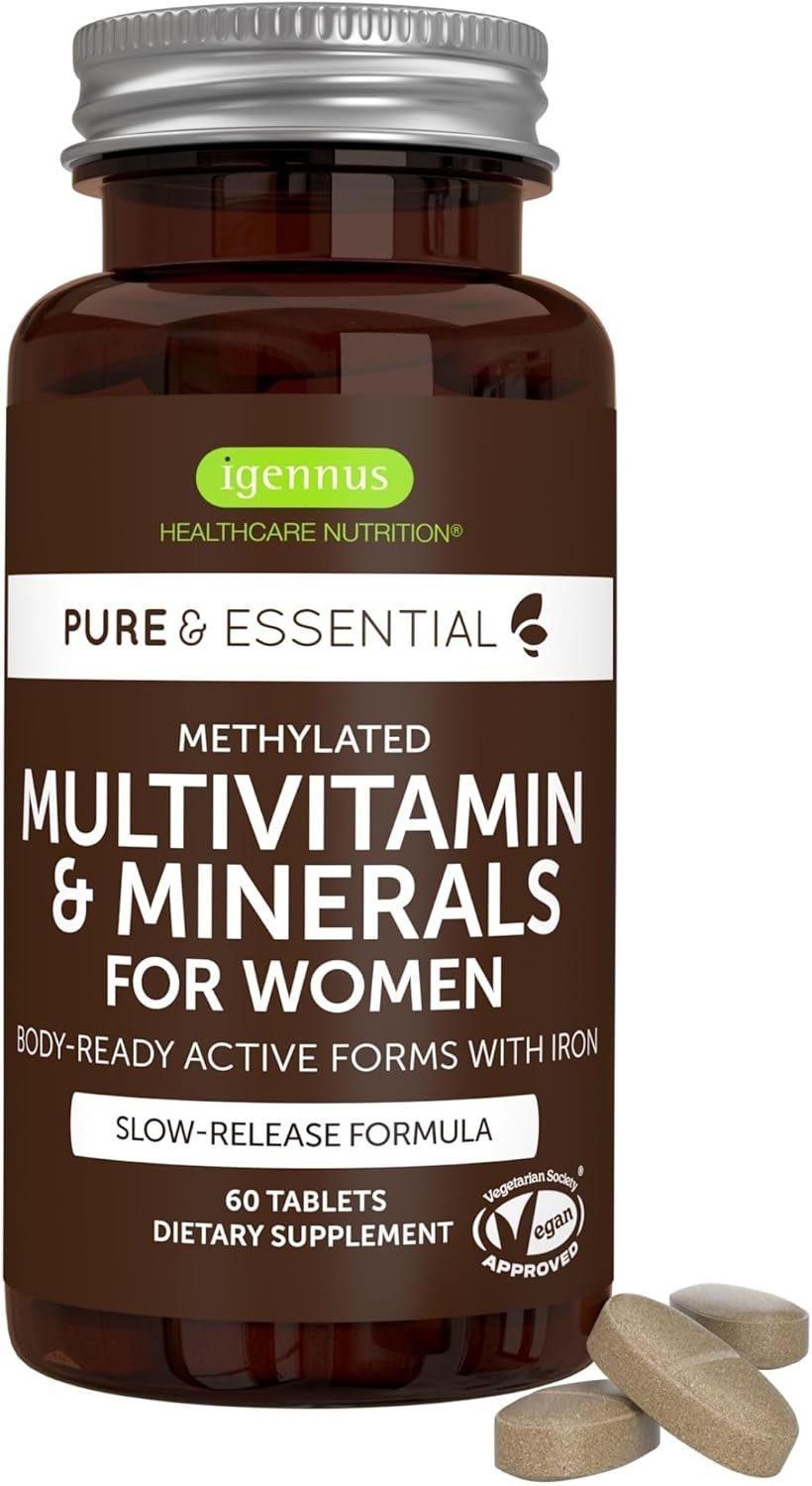 Igennus High Potency Methylated Multivitamin for Women, Pure & Clean Ingredients, MTHFR Supplement with Active B-Vitamins, Vitamin K2 MK7, Gentle Iron, Sustained Released, Non-GMO & Halal, 60 Tablets
