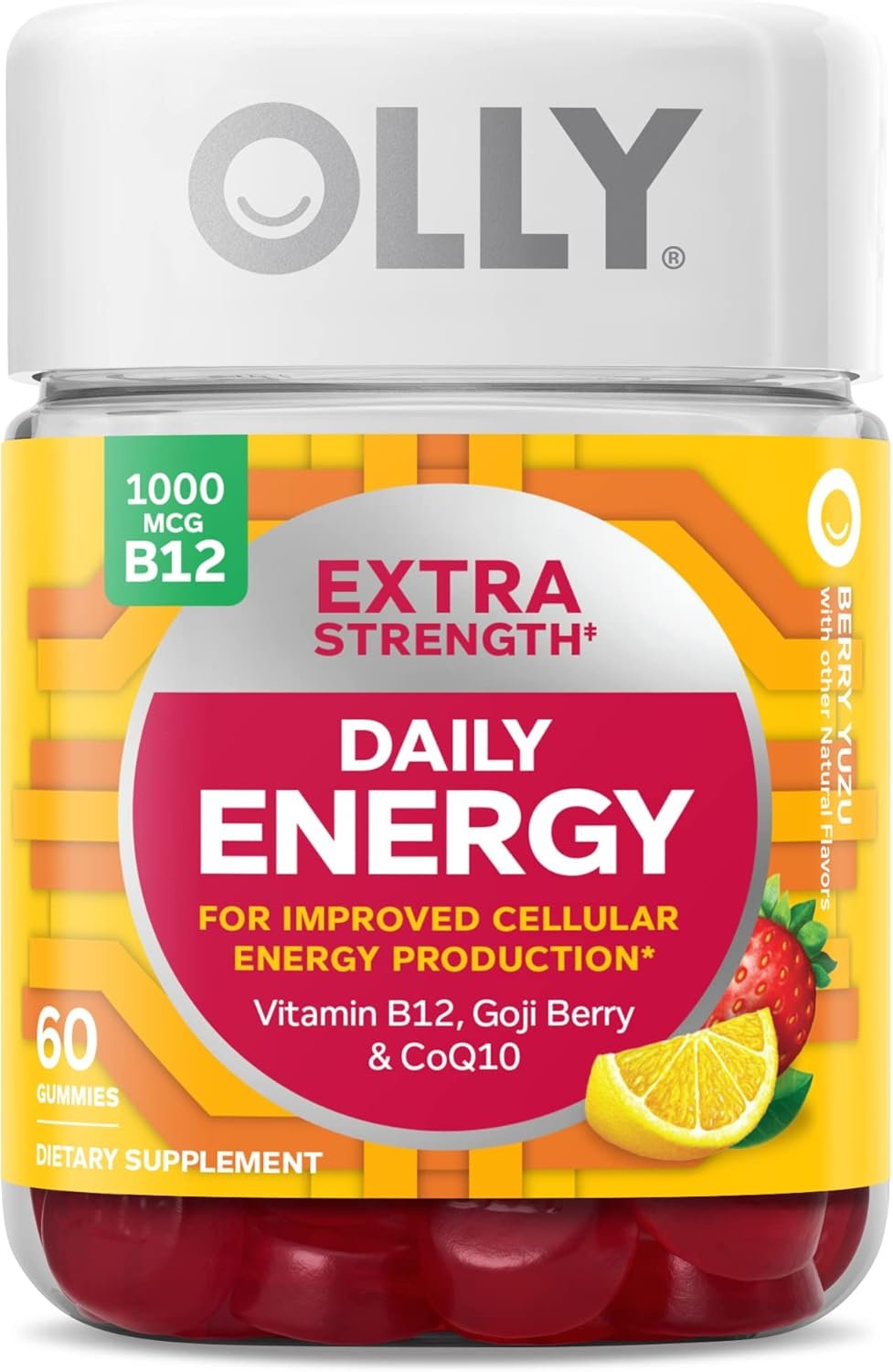 OLLY Extra Strength Daily Energy Gummy, Caffeine Free, 1000mcg Vitamin B12, CoQ10, Goji Berry, Adult Chewable Supplement, Berry Yuzu Flavor – 60 Count
