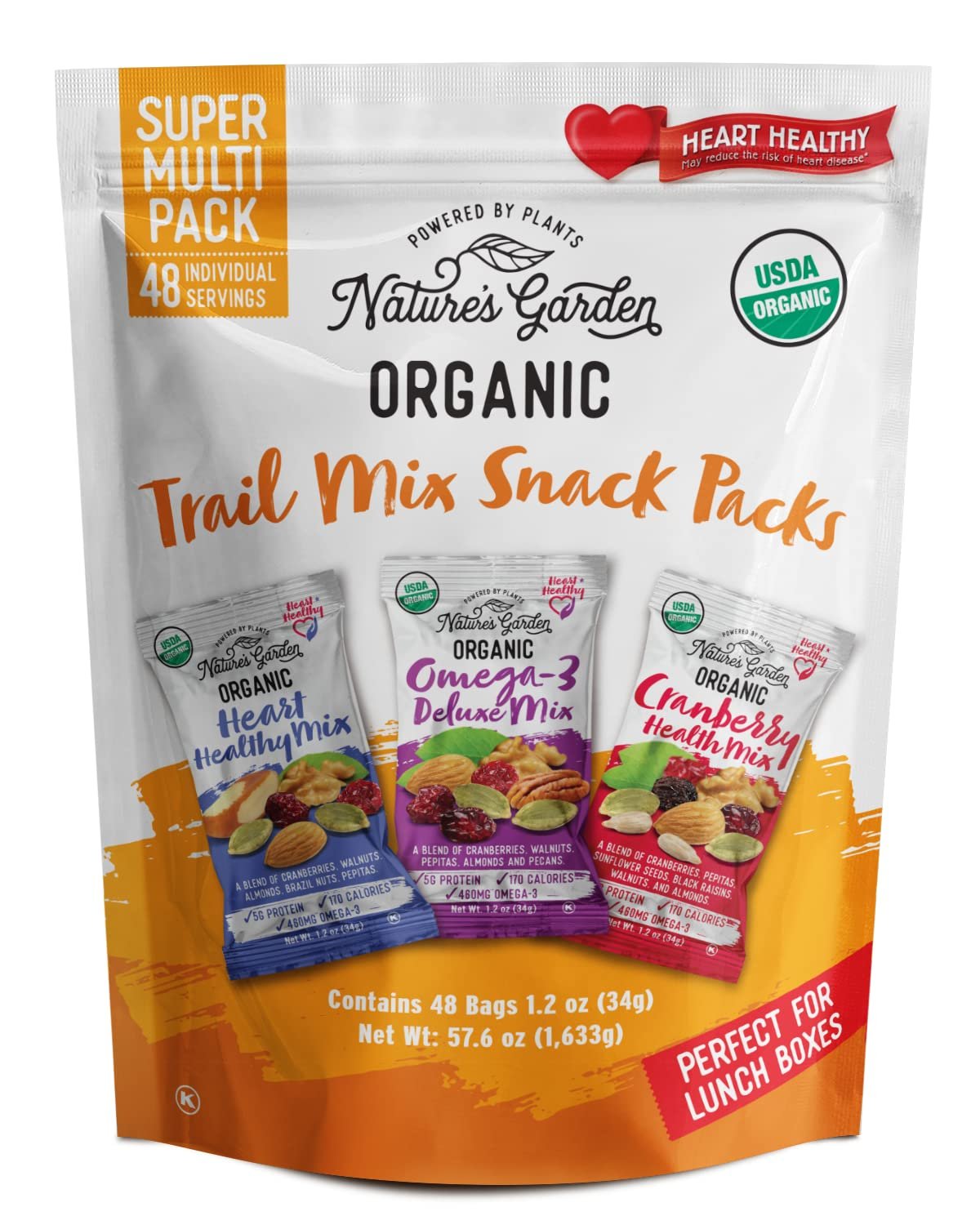 Nature’s Garden Organic Trail Mix Snack Packs – Trail Mix Variety, Energy Boosting, Heart Healthy, Omega-3 Rich, Cranberries, Pumpkin Seeds, Individual Packs, Family – 1.2 Oz Bags (48 Individual Servings)