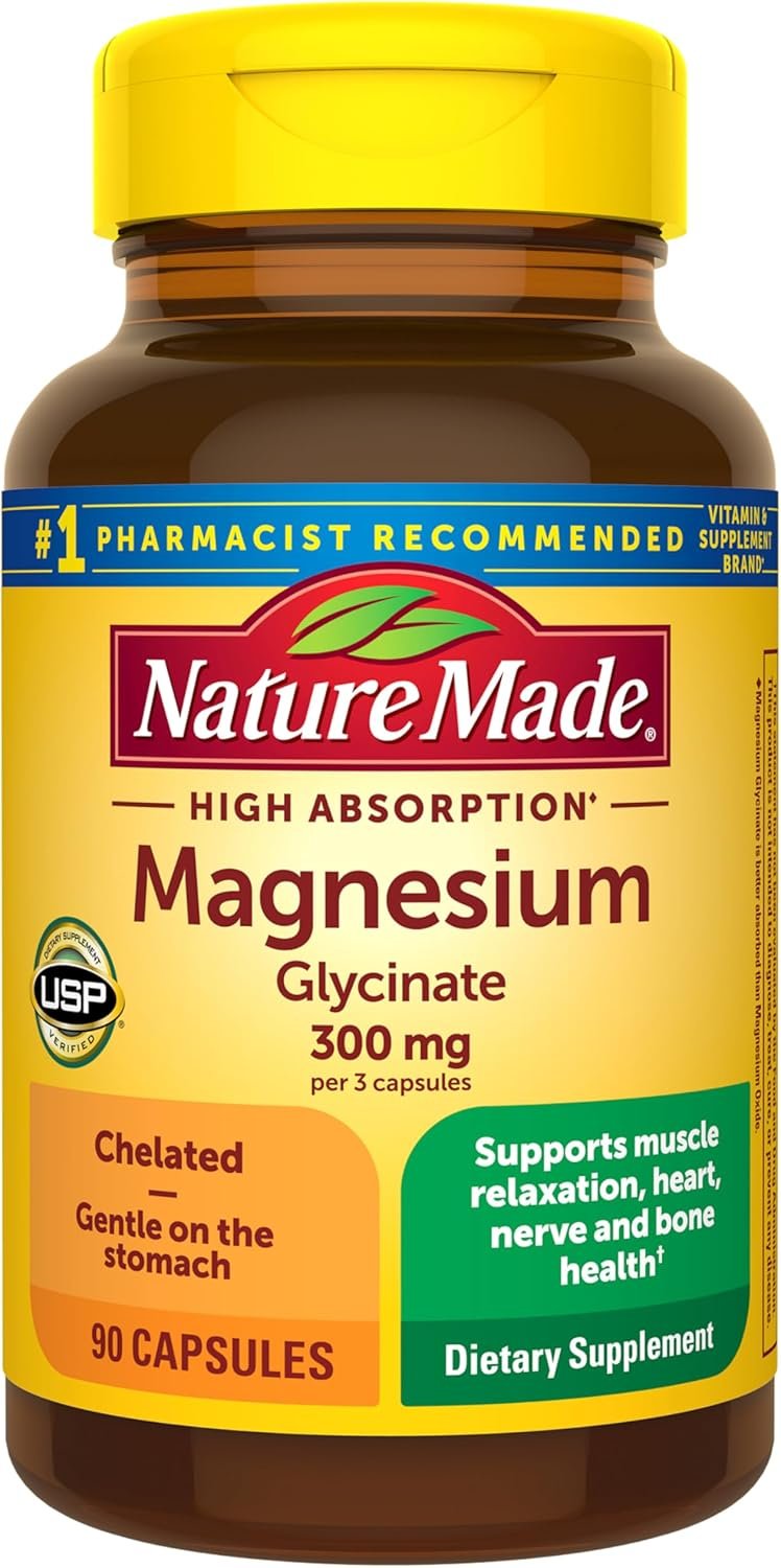 Nature Made High Absorption Magnesium Glycinate 300mg per 3 Capsules, Magnesium Supplement for Muscle, Heart, Nerve and Bone Support, 90 Magnesium Bisglycinate Capsules, 30 Day Supply