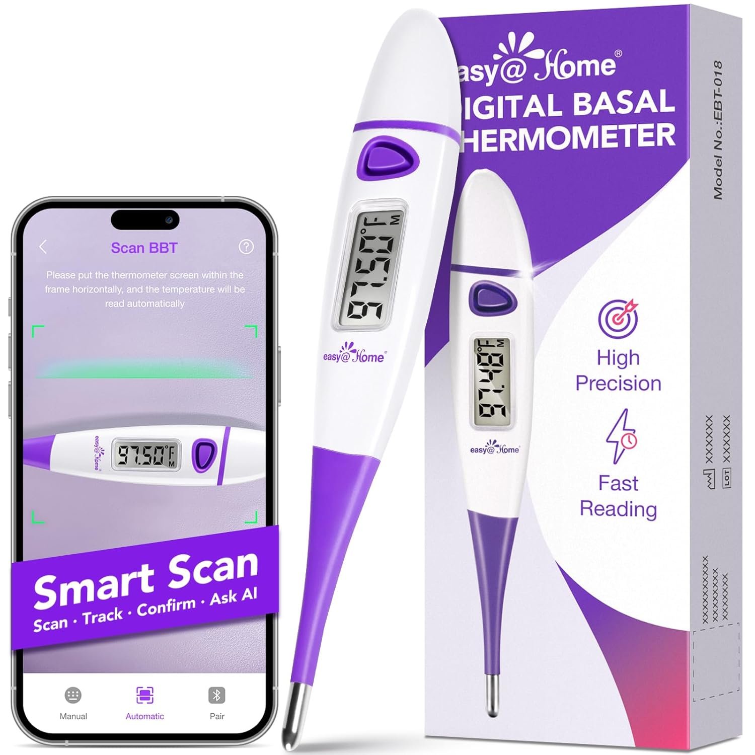 Easy@Home Basal Body Thermometer: BBT for Fertility Prediction with Memory Recall- Accurate Digital Basal Thermometer for Temperature Monitoring with Premom App – EBT-018