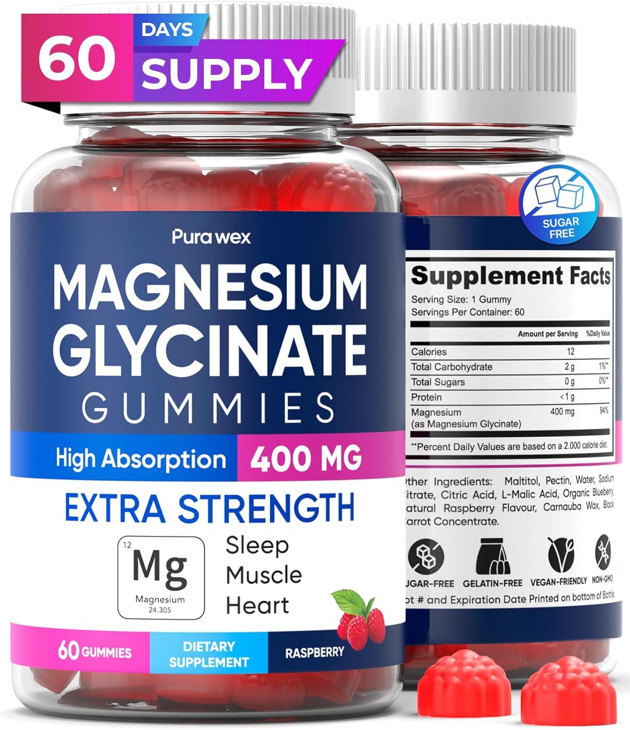 Magnesium Glycinate Gummies 400mg, High Absorption Magnesium Supplement for Women, Men and Kids, Muscle Support and Relaxation, Sugar Free, Vegan, 60 Days Supply