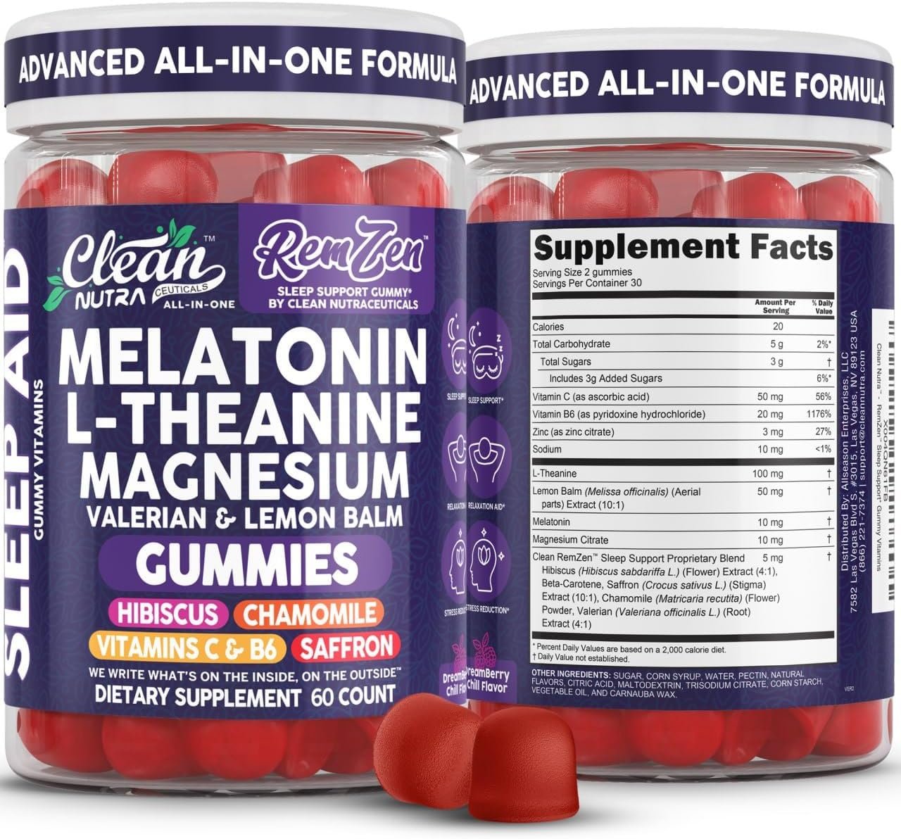 Clean Nutra Melatonin Gummies L Theanine Magnesium Valerian Root Lemon Balm Chamomile Vitamin C Gummy Saffron Sleep Aid Calm Vitamin B6 Stress Relief Hibiscus Relax Mood Happy Supplement Men Women
