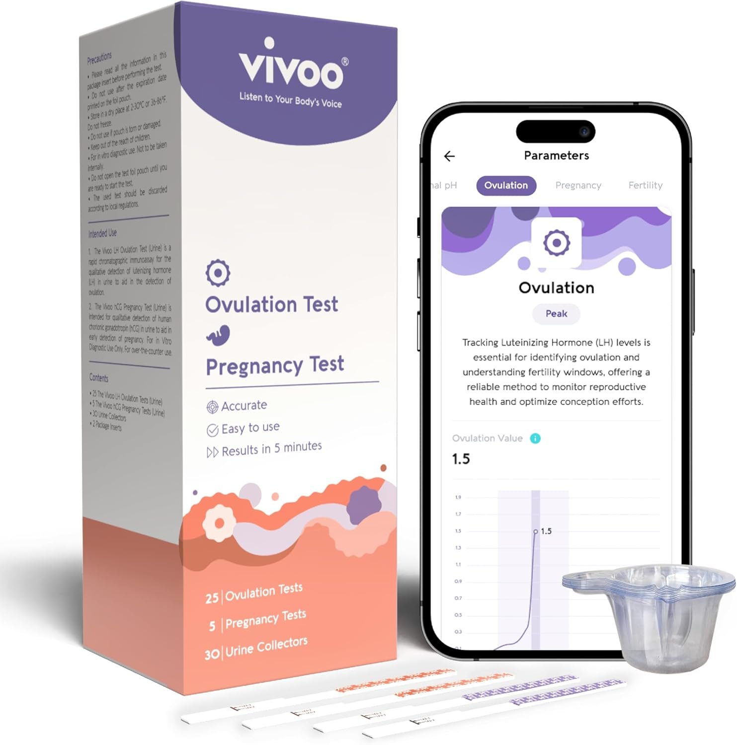 Vivoo Ovulation Test & Predictor Kit: Track Your Cycle and Test Results with Vivoo App, Includes 25 Individually Wrapped Ovulation (LH) Tests, 5 Pregnancy (HCG) Tests with 30 Cups
