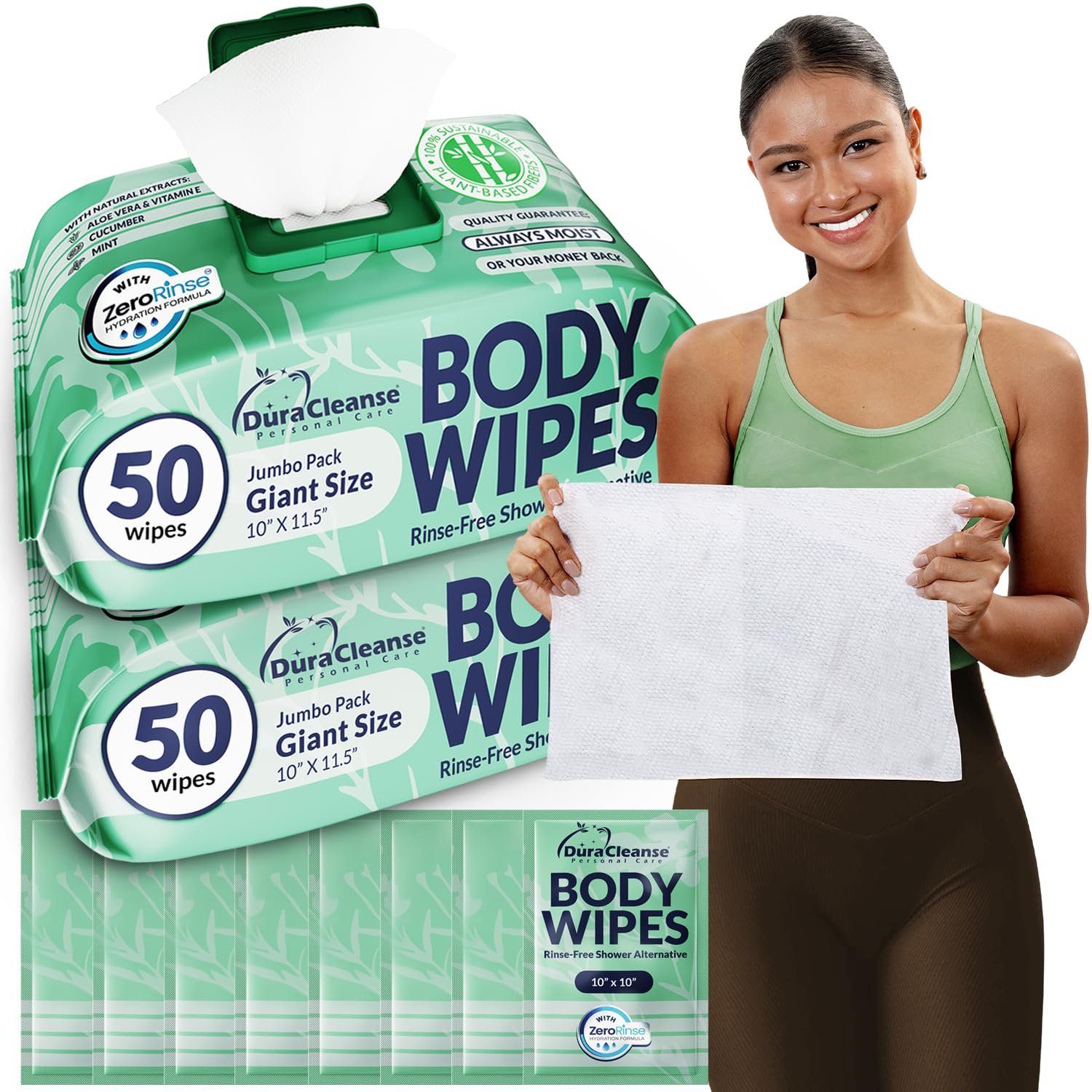 Body Wipes for Women, Extra Moist No Rinse Bathing Wipes (2pk), 100 XL Shower Cloths + 8 Deodorizing Bath Cloths – 10 x 11.5″ Travel Size After Gym Cleaning Essentials, Toiletries for Womens Hygiene