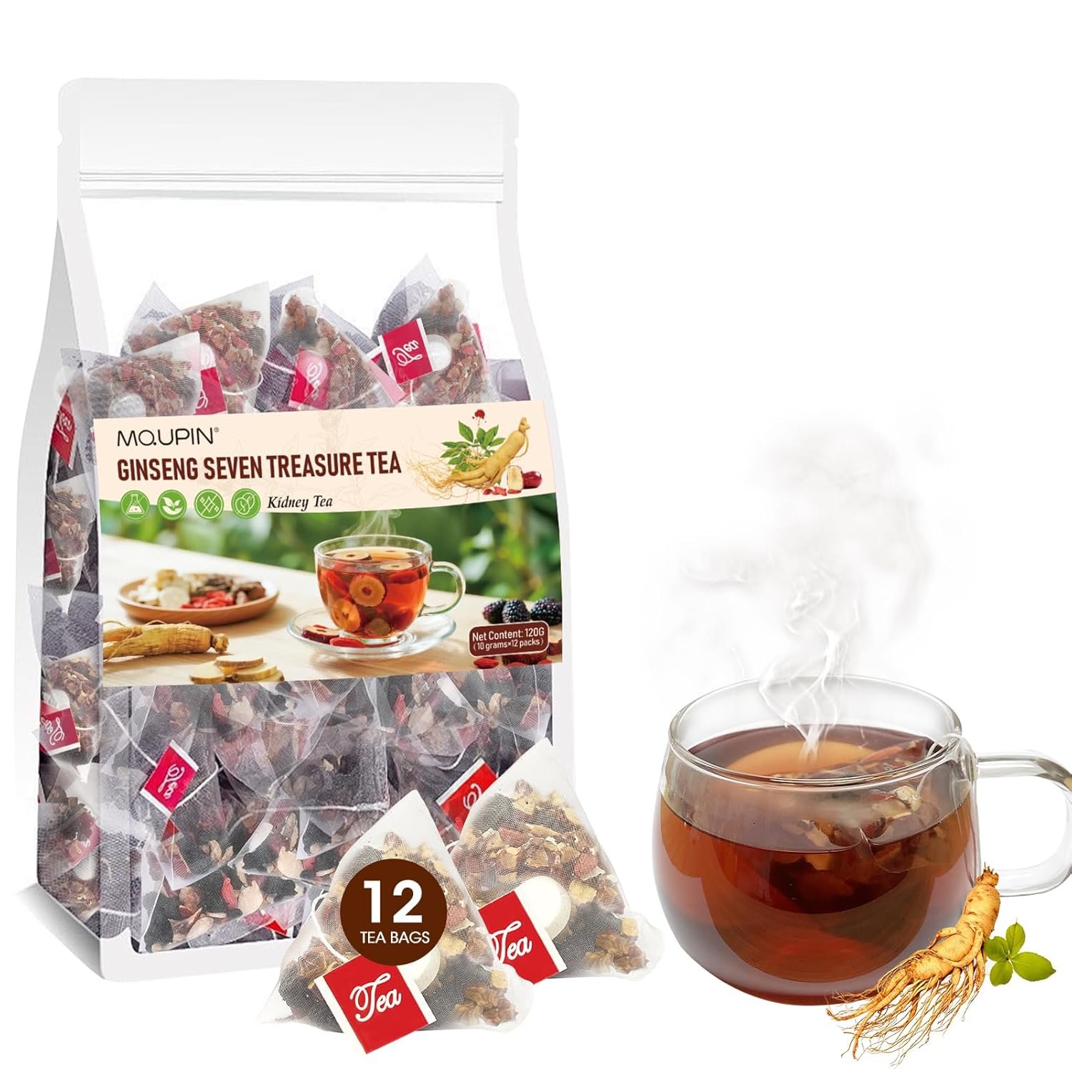 MQUPIN Ginseng Seven Treasure Tea – 12 Bags Kidney Support Herbal Tea, Natural Detox Cleanse & Sleep Support, 7 Premium Chinese Herbs (Ginseng, Goji Berry) for Men & Women, Sugar-Free Energy Boost