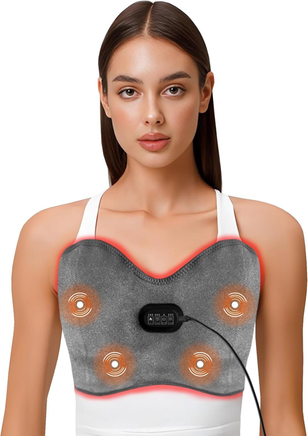Breast Massager Heating Pad, Red Light Therapy Belt for Breast Pain Relief, Adjustable Strap for Comfort, Breast Heating Pad with 3 Vibration and Heat Settings with AC Adapter