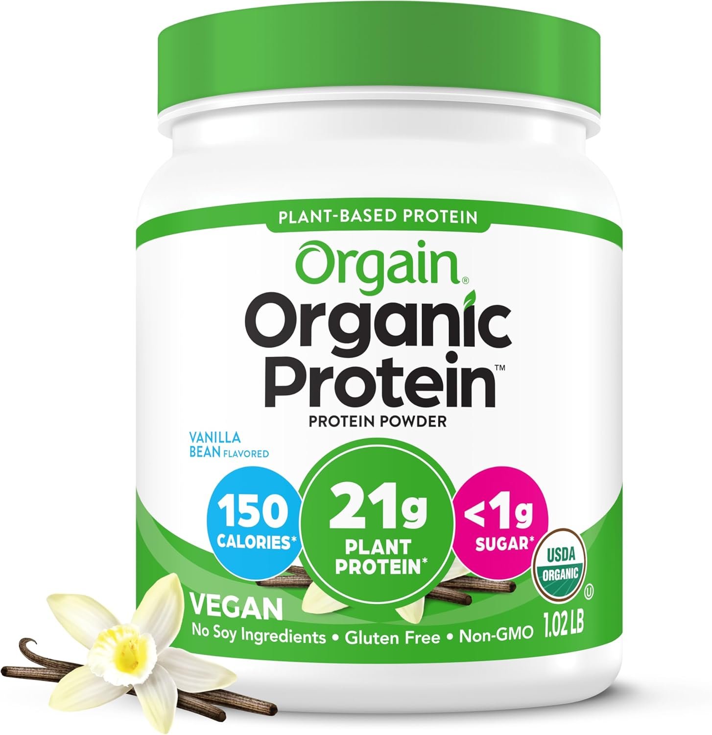 Orgain Organic Vegan Protein Powder, Vanilla Bean – 21g Plant Based Protein, 4g Prebiotic Fiber, No Lactose Ingredients, No Added Sugar, Non-GMO, For Shakes & Smoothies, 1.02 lb (Packaging May Vary)