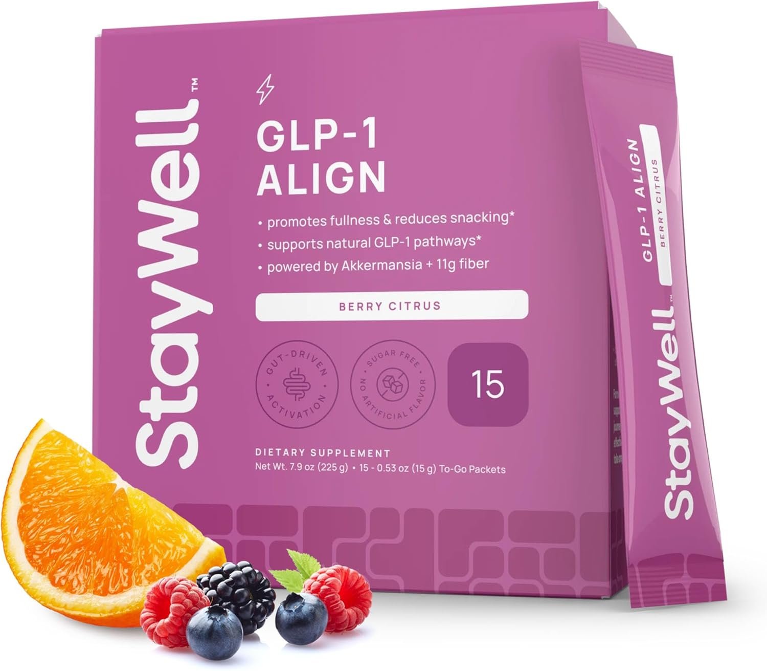 Stay-Well Naturals GLP-1 Probiotic | Akkermansia GLP-1 Supplement, Fiber GLP 1 Booster | Probiotic and Fiber Support with Inulin, Psyllium PHGG, and Soothing Ginger Extract – Berry Citrus 15 Ct.