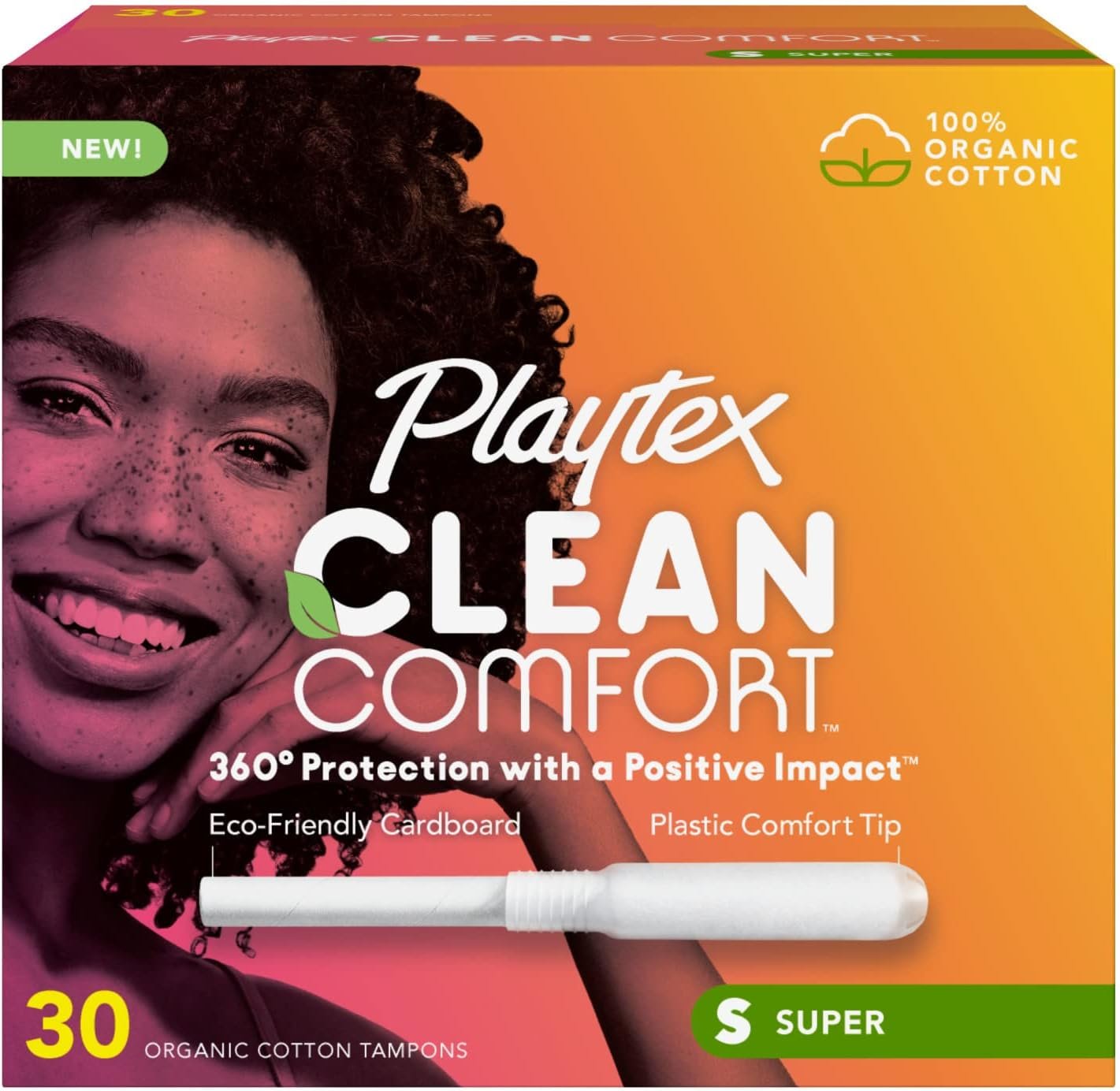 Playtex Clean Comfort Organic Cotton Tampons, Super Absorbency, Fragrance-Free, Organic Cotton – 30ct