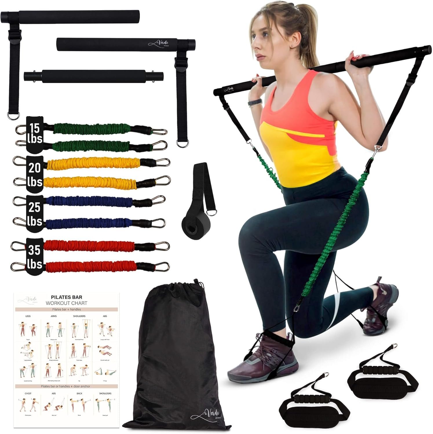 Verde Acqua Pilates Essentials Kit for Short Women with Resistance Bands – Multifunctional Pilates Sculpt Bar – Home Gym Workout Equipment – Includes Exercise Chart for Full Body Workout