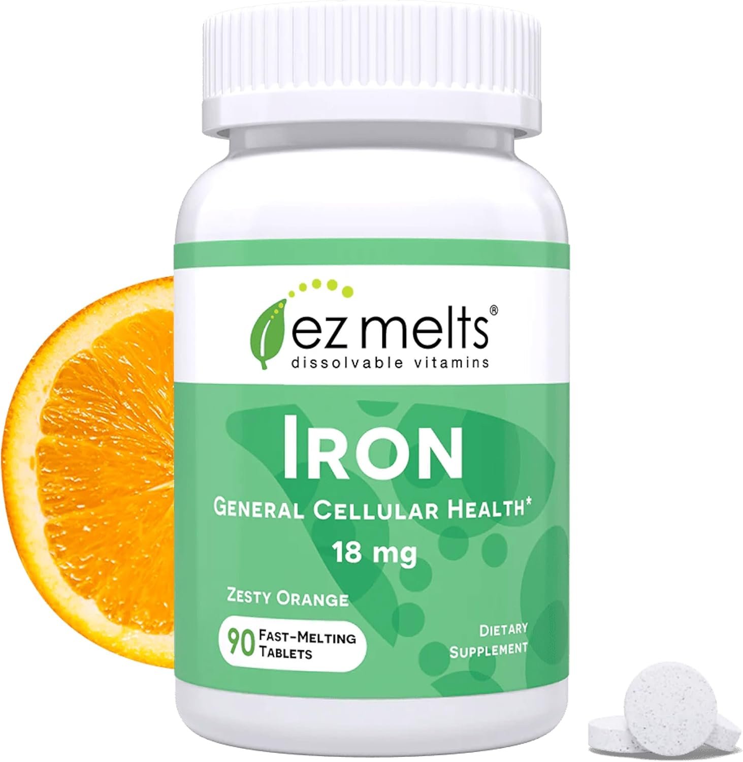 EZ Melts Iron – Supplement for Daily Energy & Iron Support – with Vitamin C – No Artificial Flavors – Non-GMO & Vegan – Zesty Orange – 90 Dissolvable Tablets (90 Servings)
