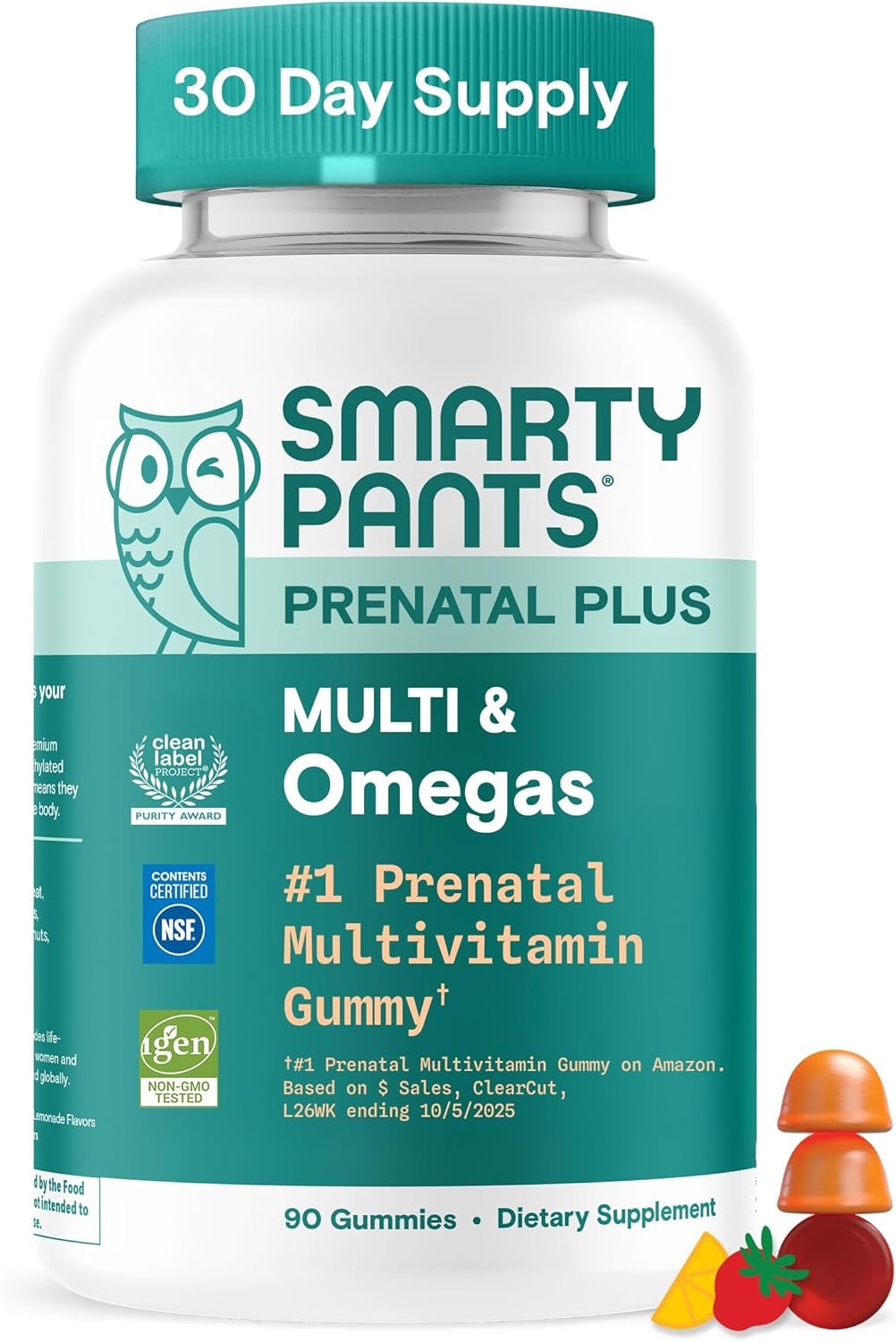 SmartyPants Prenatal Multivitamin Gummies with Omega 3 DHA/EPA, Methylfolate, Biotin, Vitamins D3, C, B12, B6, A, K, and Zinc, Gluten Free, Clean Label, Two Fruit Flavors, 90 Gummies (30 Day Supply)