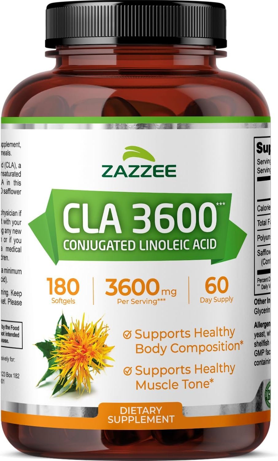 Zazzee High Potency CLA 3600, 180 Softgels, 3600 mg per Serving, Conjugated Linoleic Acid from Safflower Oil, Concentrated and Standardized, 60 Day Supply, Non-GMO and Made in the USA