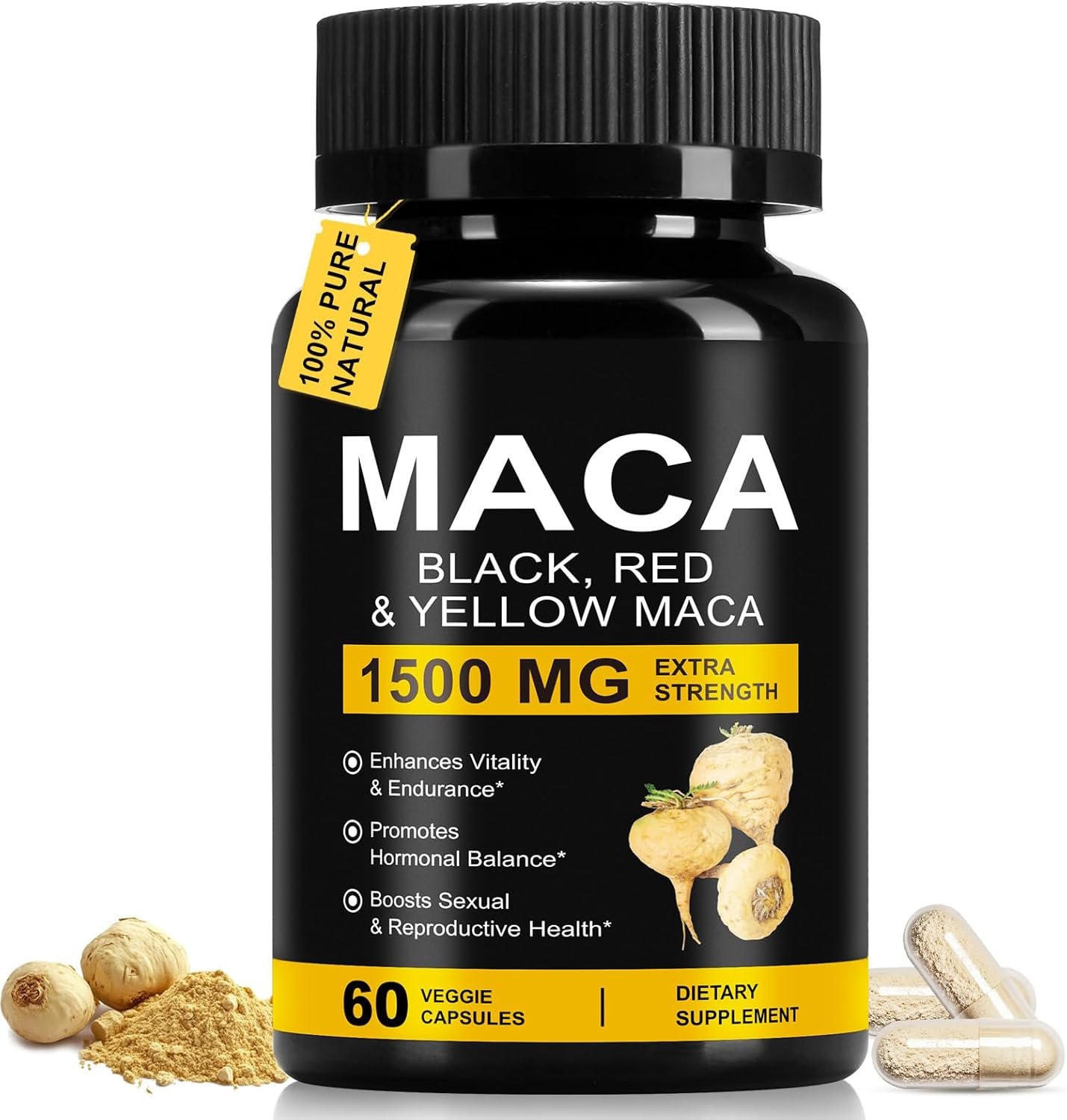 Organic Maca Root Powder Capsules 1500 mg with Black + Red + Yellow Peruvian Maca Root Extract Supplement for Men and Women – 60 Vegan Capsules