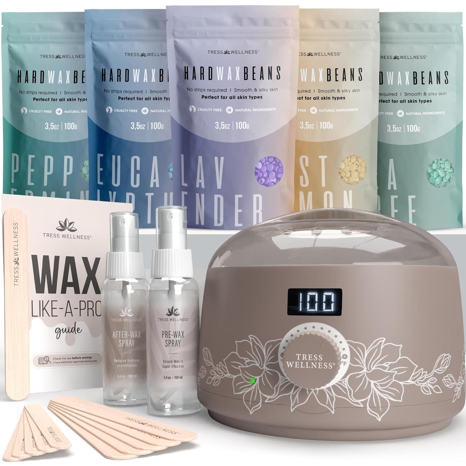 Tress Wellness Waxing Kit for Sensitive Skin – Safe for Face & Skin, Prep & Aftercare Spray, Easy to Use – At-Home Kit for Face, Bikini, Brazilian & Full Body – Digital Display, Dusty Chocolate