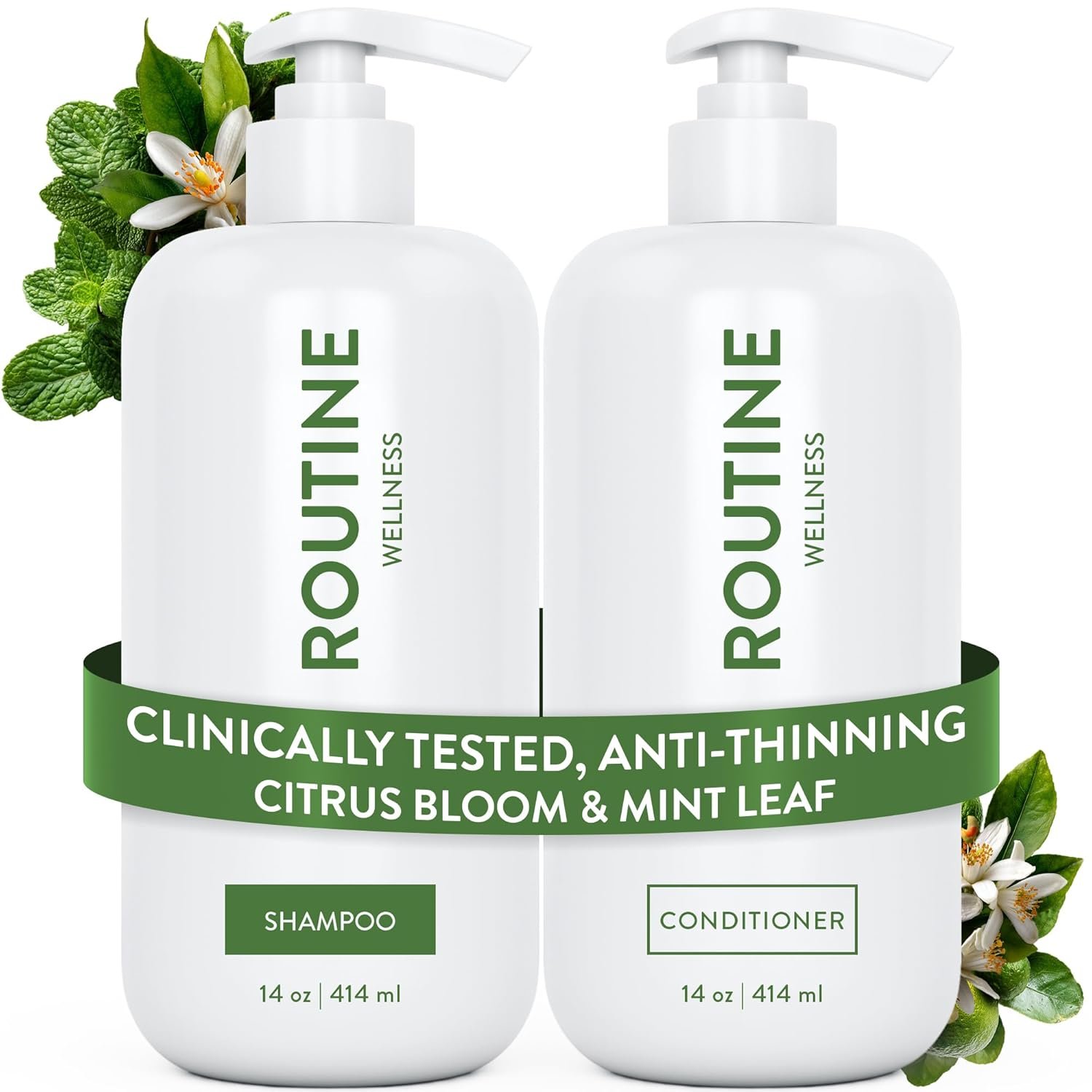 Routine Wellness Anti-Thinning Shampoo and Conditioner Set for Thinning Hair – Biotin DHT Blocker Women & Men – Color Safe Shampoo for Hair Loss & Healthier Hair – Citrus Bloom & Mint Leaf (Pack of 2)