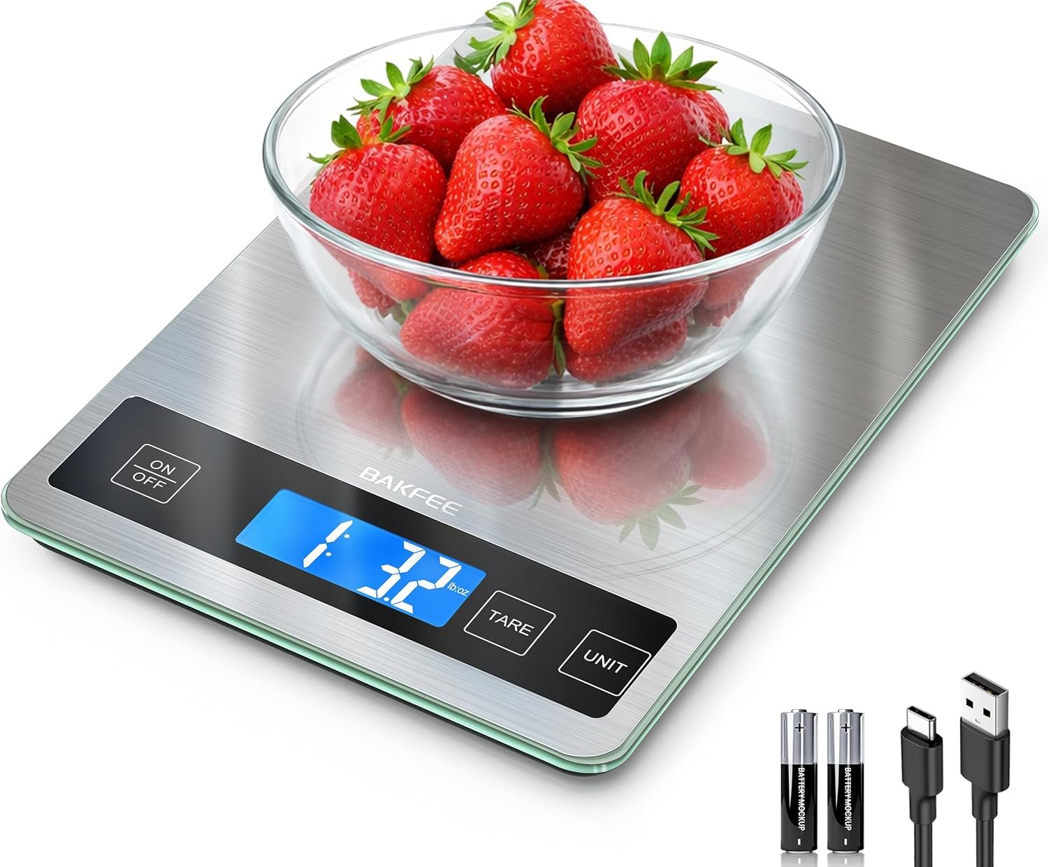 Food Scale, 33lb Digital Kitchen Scale with Stainless Steel & Tempered Glass, USB Rechargeable, 1g / 0.05oz Precise Graduation, Waterproof and Sturdy Surface, for Cooking, Baking, Weight Loss