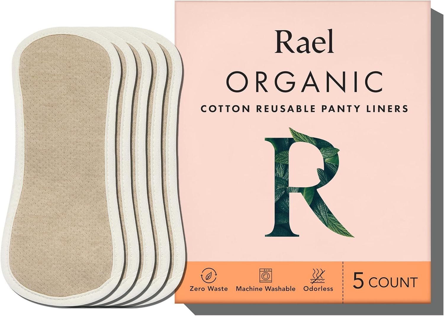 Rael Reusable Panty Liners Menstrual, Organic Cotton Cover, Period Essential, Cloth Pantyliner for Women, Washable, Soft and Thin, Leak-Free, Washing Machine Safe (5 Count, Brown)
