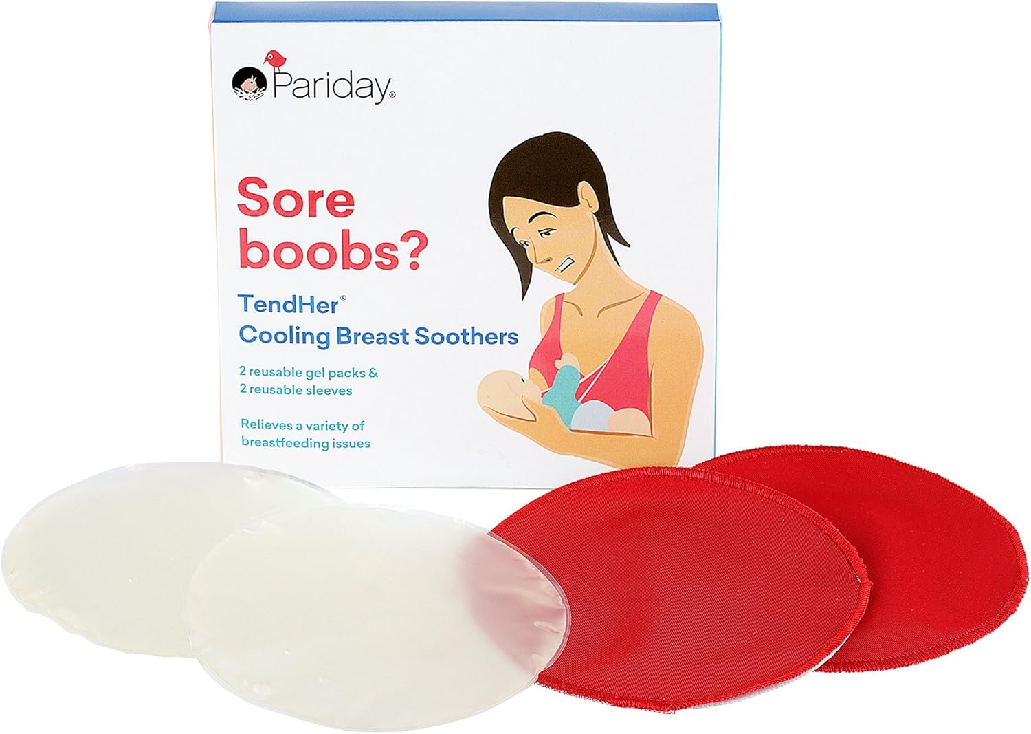TendHer Reusable Soothing Breastfeeding Gel Pads with Absorbent Covers, Hot or Cold Packs for Nursing Pain Relief from Sore Nipples, Engorgement and Clogged Ducts, Pack of 2 Gel Packs and Sleeves