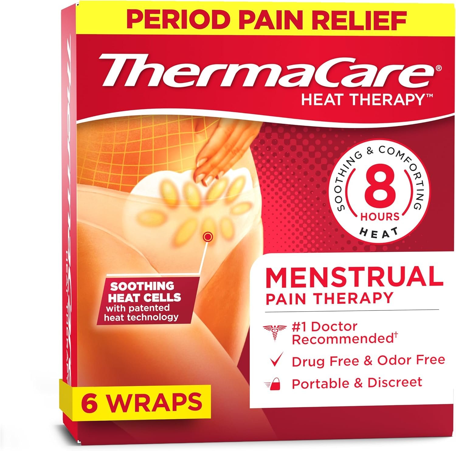 ThermaCare Menstrual Heating Pads – Portable, Adhesive HeatWraps for Period Cramps & Backache Relief – Discreet, Cord-Free Heat Therapy – Up to 8 Hours of Relief (6-Count)