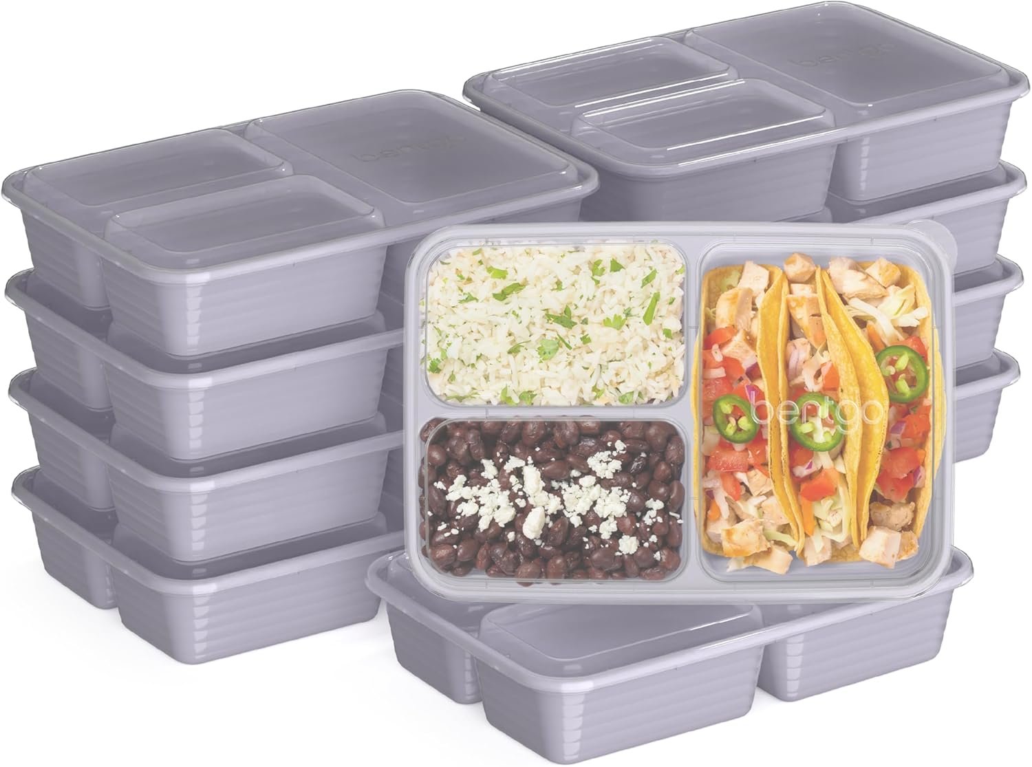 Bentgo Prep – 20-Piece 3-Compartment Reusable Meal Prep Containers with Lids, PFAS & BPA Free Materials, Durable, Microwave, Freezer, & Dishwasher Safe To Go Food Storage (Lilac)