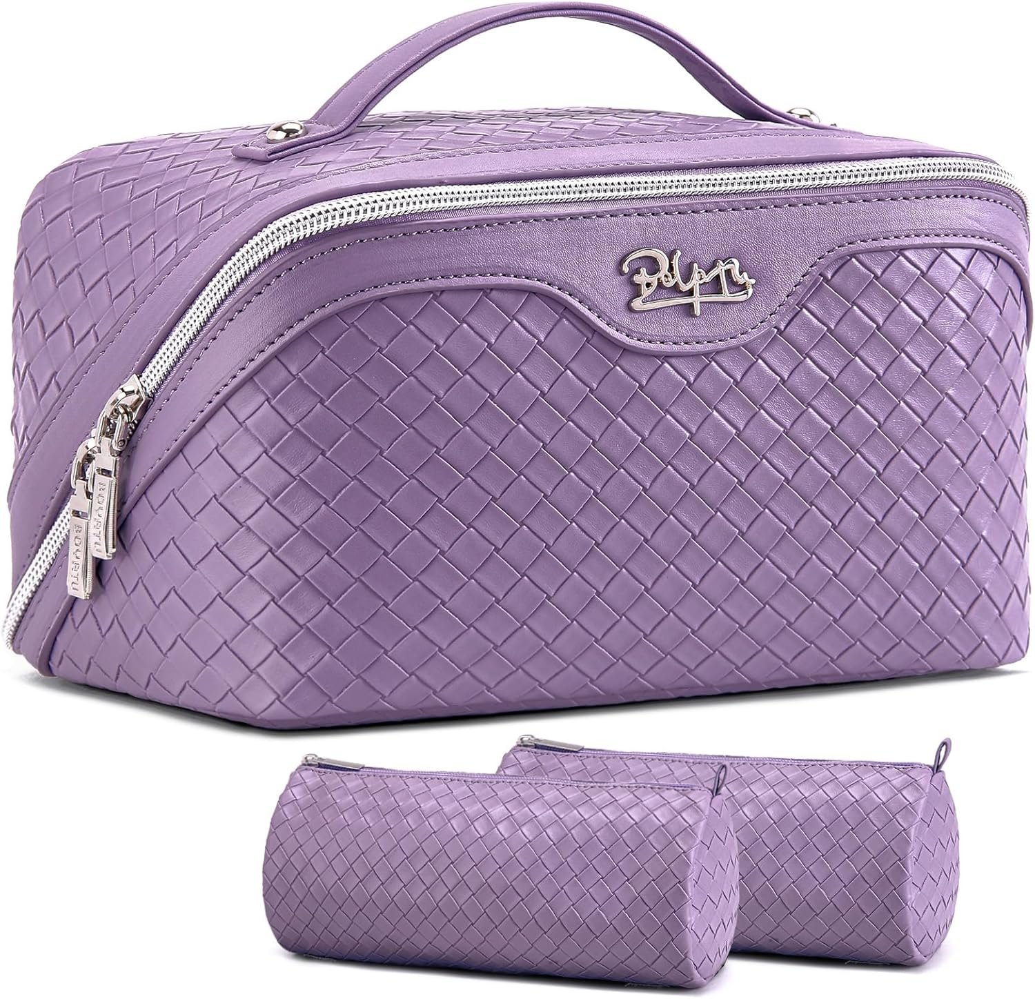 BOYATU Travel Makeup Bag Cosmetic Bags for Women: Large Capacity 3 Pcs Set Make up Bag with Compartments – Waterproof Vegan Leather Toiletry Organizer Bags with Handle (L01 Purple)
