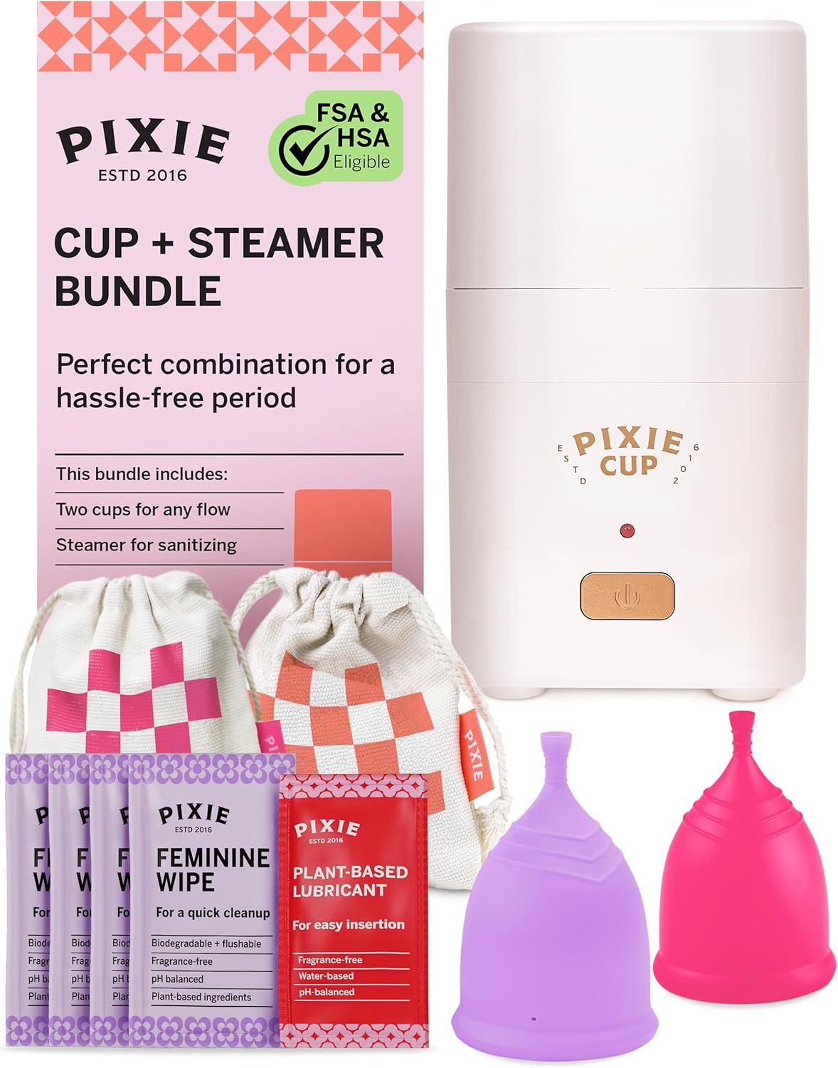 Pixie Menstrual Cups with Sterilizer – The Most Comfortable Soft Reusable Period Cup – Kills 99.9% of Germs with Clean Steam – Wash Your Cup in 3 Minutes! – Compact Sanitizer Kit for Feminine Care