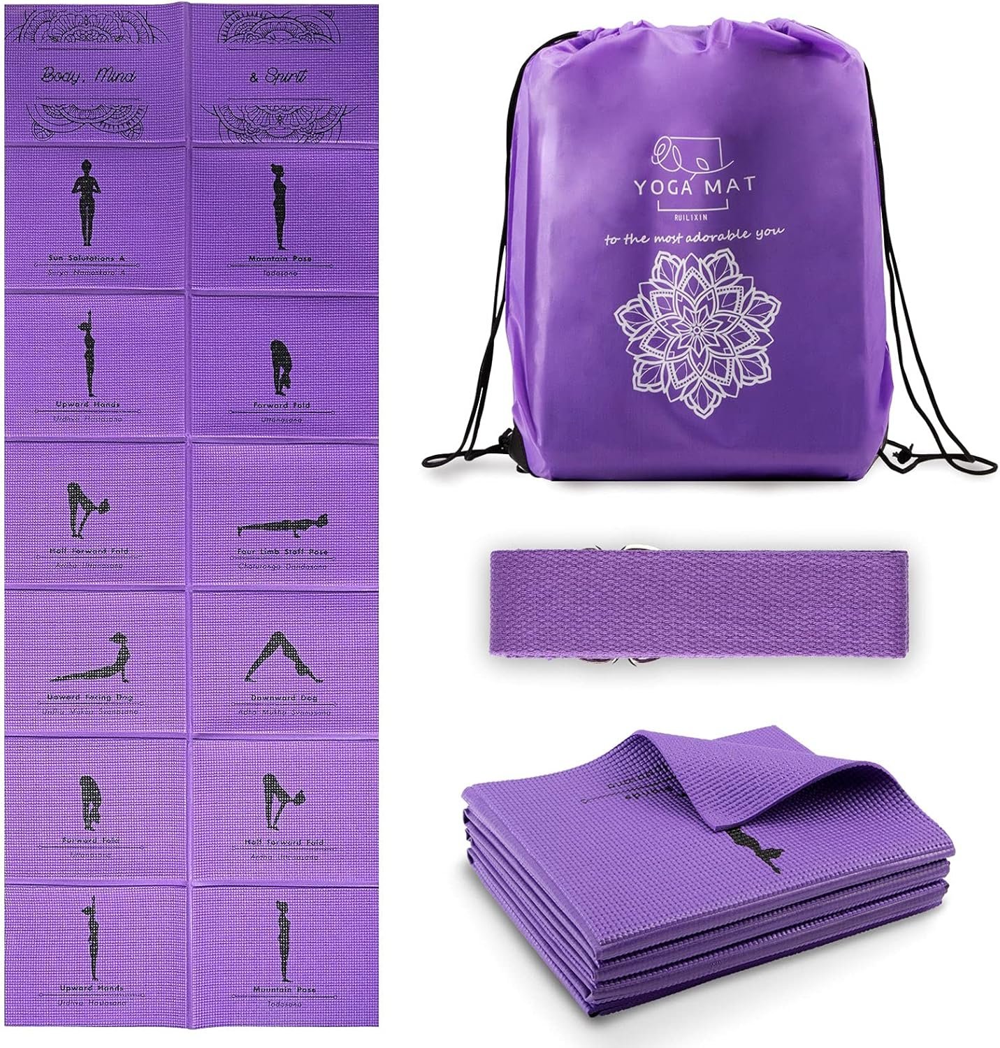 Foldable Yoga Mat for Women, Non Slip Exercise Mat for Home Gym, 5mm Travel Yoga Mats Set With Stretch Strap for Yoga Pilates and Fitness, 68″L x 24″W x 0.2 Inch Thick