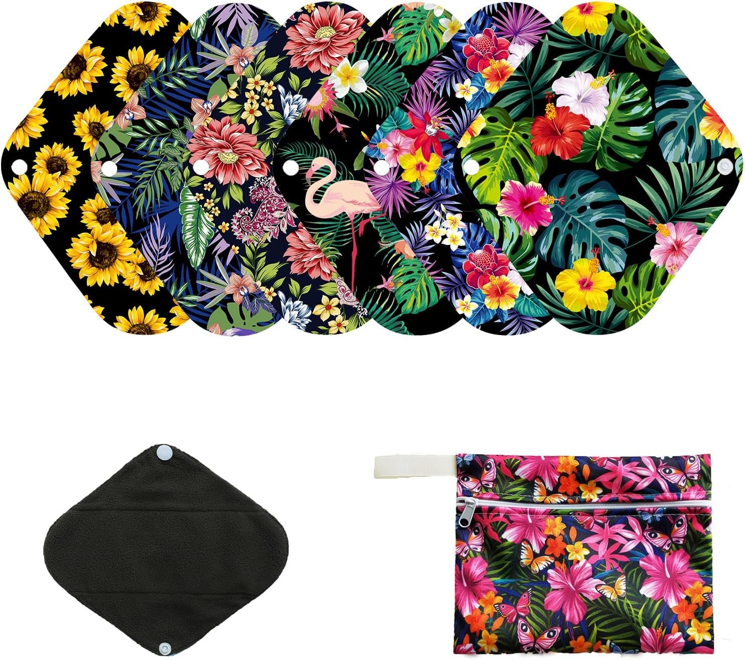 7pcs Pack Cloth Pads Including 1pc Mini Wet Bag +6pcs Bamboo Charcoal Cloth Reusable Menstrual Pads/Reusable Sanitary Pad/Mama Panty Liners (All Randomly Prints)