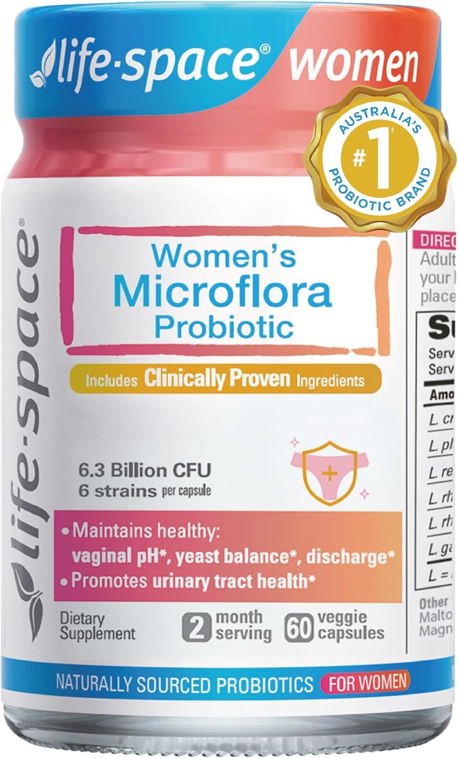 Life-Space Probiotic for Women, 2 Month Serving, Support Healthy Vaginal Microflora & Comfort, Daily Supplement for Women, pH Balance with Lactobacillus rhamnosus, 6.3 Billion CFU & 6 Strains, 60 ct